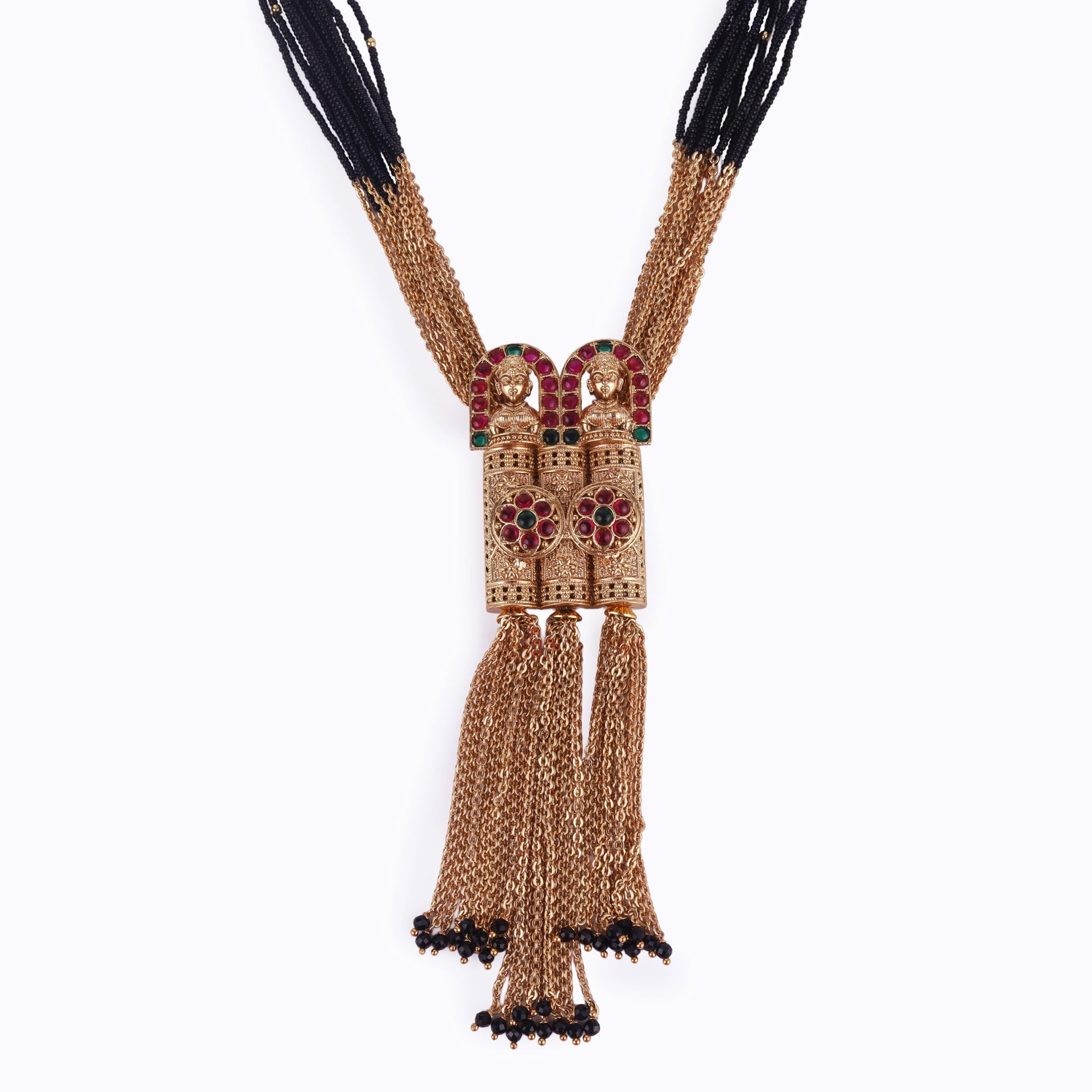 Saloni Fashion Jewellery Traditional Temple and Flower Design Black Bead Gold Plated Long Bead Chain Mangalsutra Set For Women