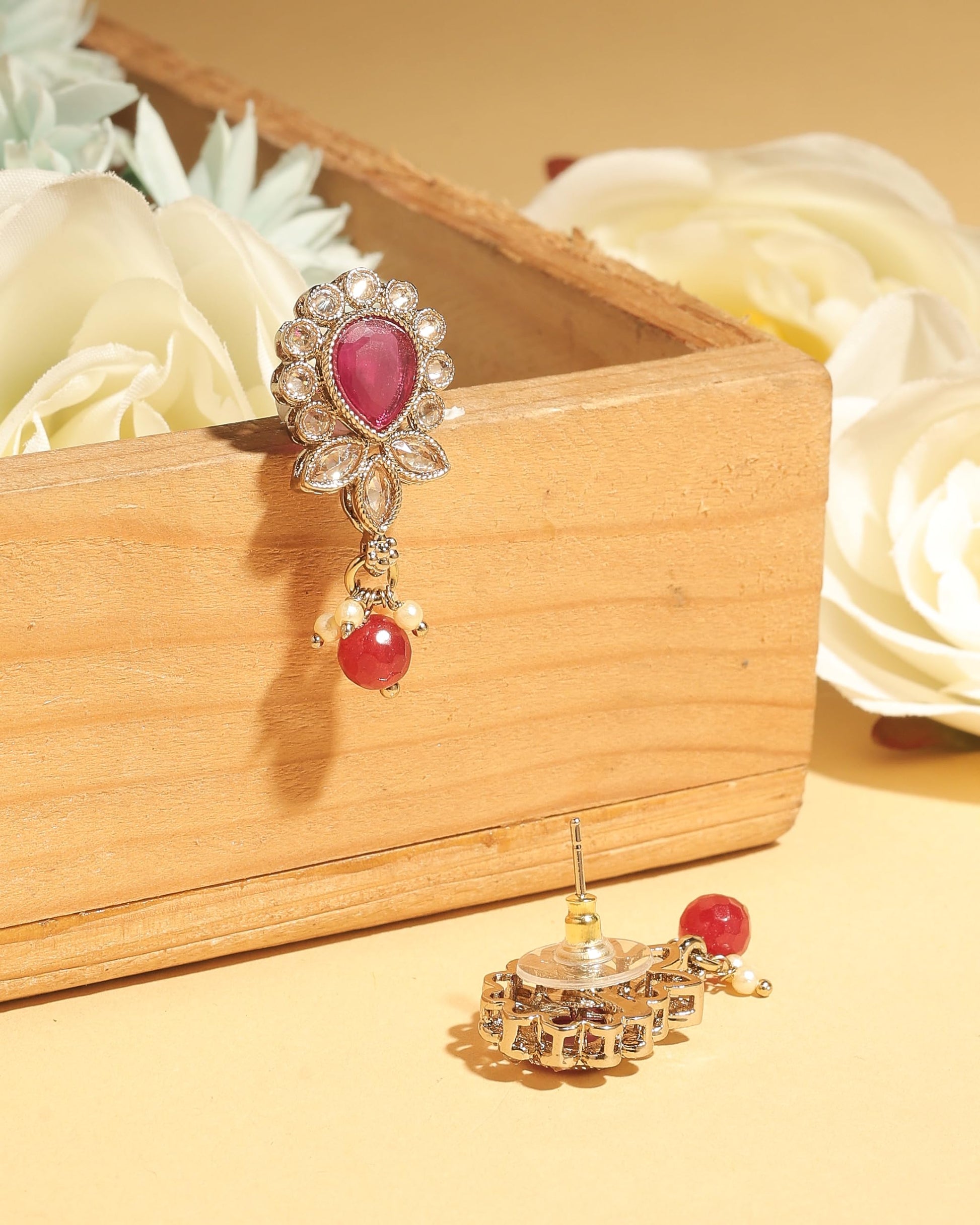 Saloni Fashion Jewellery Excellent Oval and Leaf Design Gold Plated Ruby Kundan Stone Dangle Earring For Women and Girls