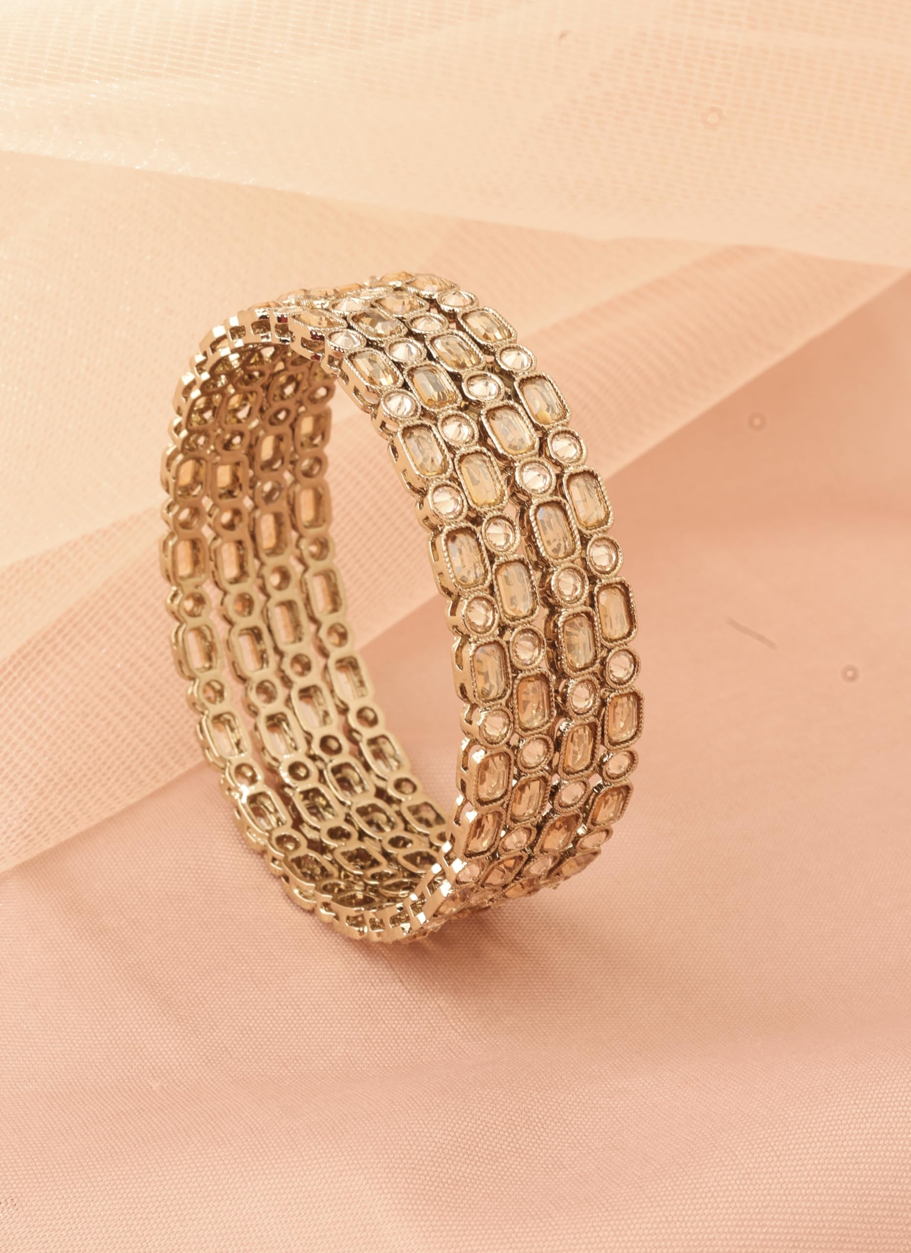 Saloni Fashion Jewellery Modish Sqaure and Round Brown Kundan Stone Antique Gold Plated Set Of 4 Bangle Set For Women and Girls