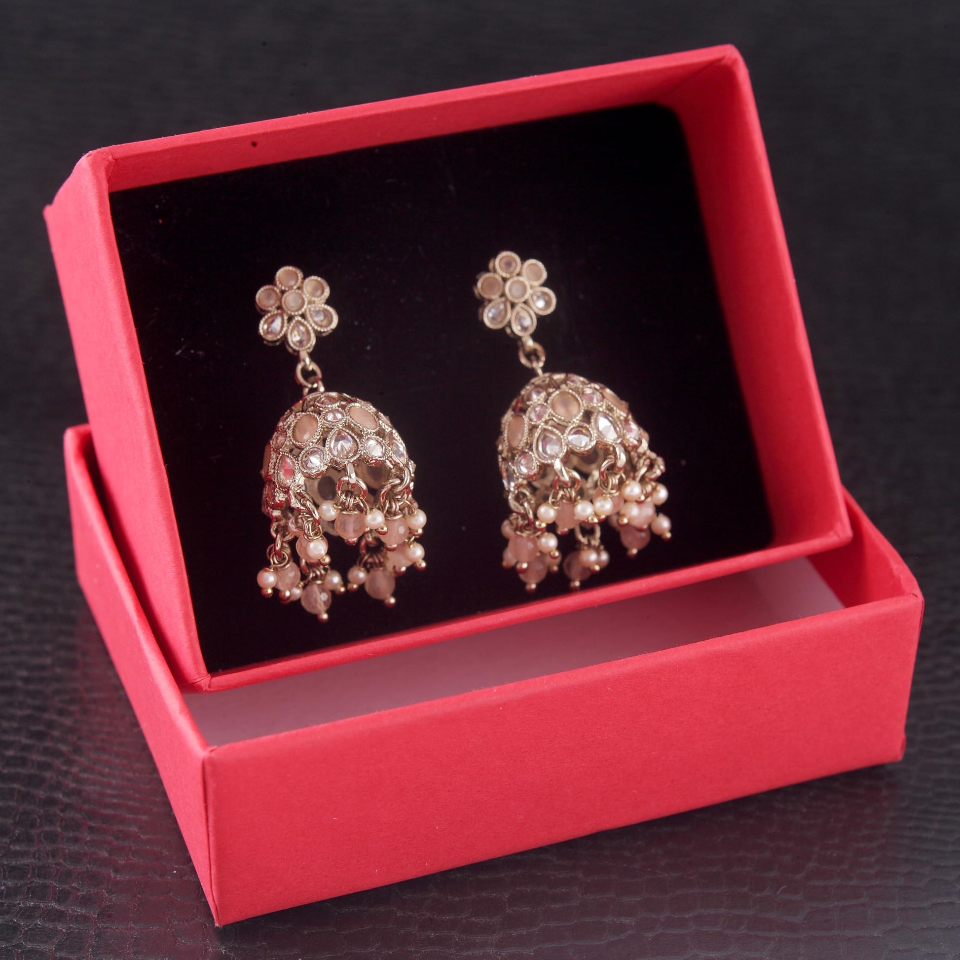 Saloni Fashion Jewellery Pretty Flower Shape Peach Uncut Kundan Stone Antique Gold Plated Jhumki Earring For Women and Girls