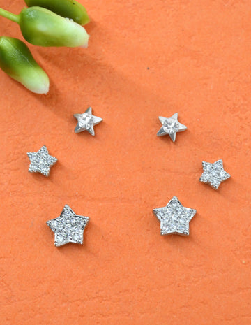 Saloni Fashion Jewellery Fine Star Design CZ Brass Silver Plated Set of 3 Combo Stud Earring For Women and Girls