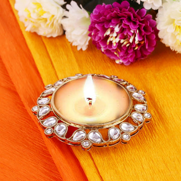 Saloni Fashion Jewellery Traditional Designer Paisley and Round Shape Brass Gold Plated White Stone Festival Decorative Deep / Diya