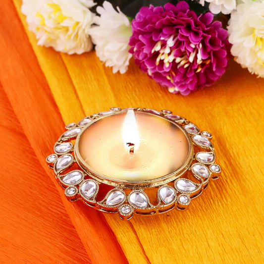 Saloni Fashion Jewellery Traditional Designer Paisley and Round Shape Brass Gold Plated White Stone Festival Decorative Deep / Diya