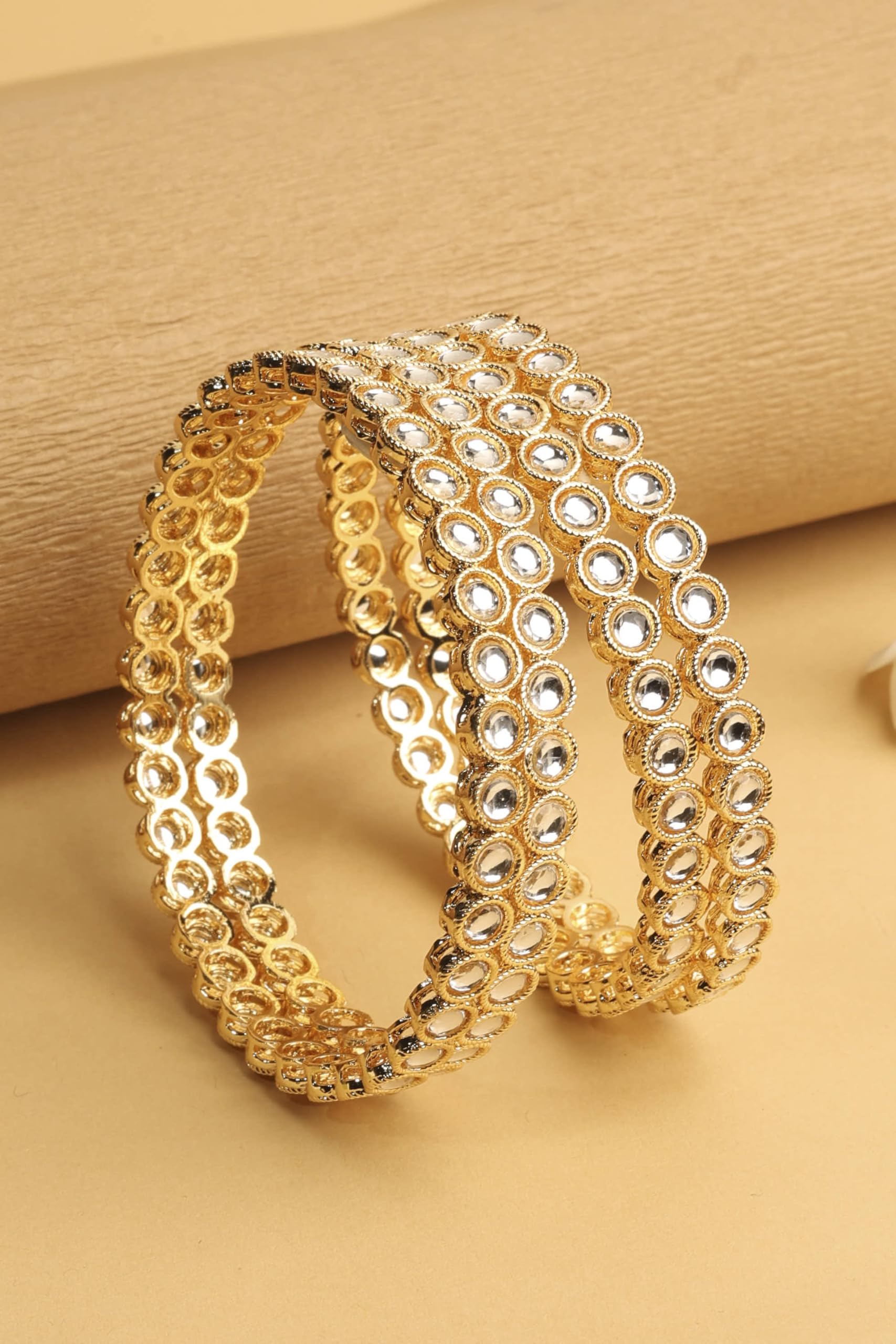 Saloni Fashion Jewellery Traditional Round Shape White Kundan Stone Gold Plated Set of 4 Bangle Set For Women and Girls