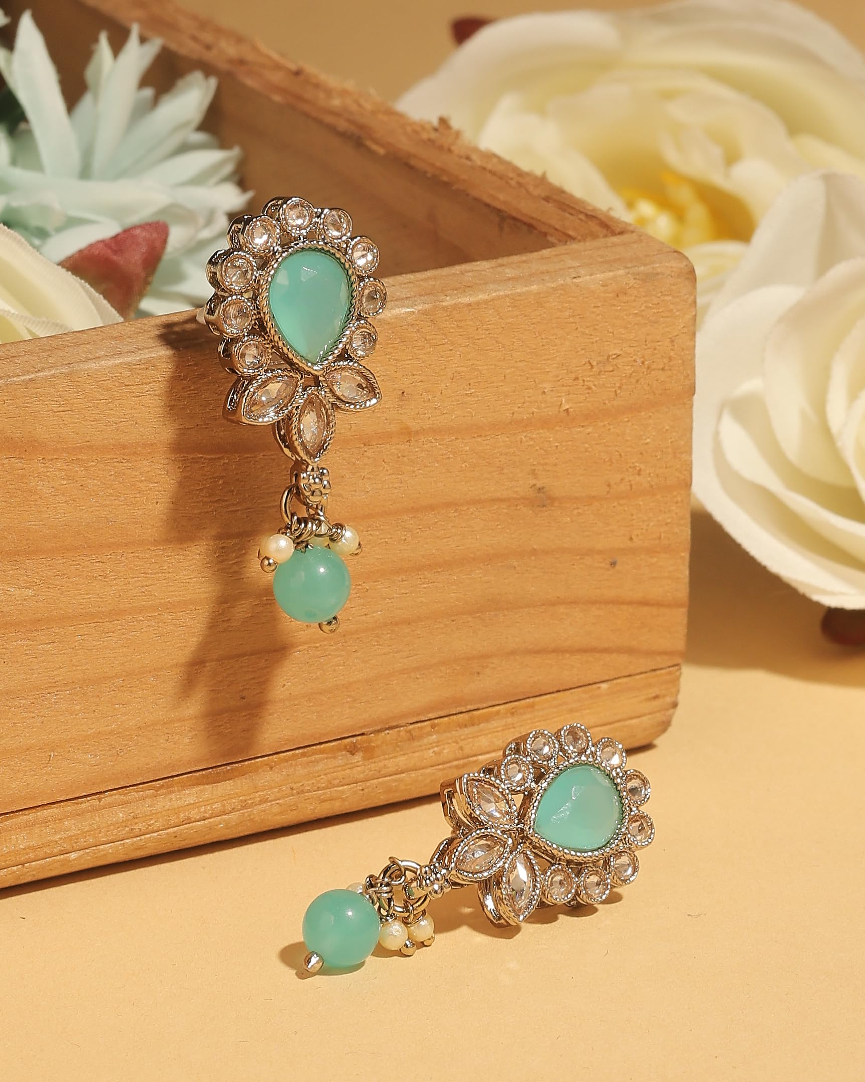 Saloni Fashion Jewellery Exceptional Oval and Leaf Design Gold Plated Sky Blue Kundan Stone Dangle Earring For Women and Girls