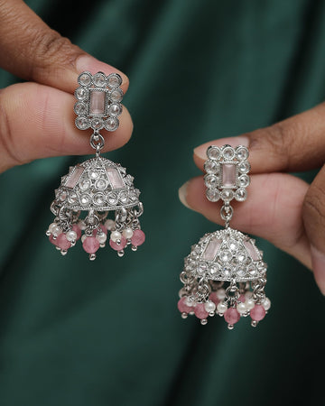 Saloni Fashion Jewellery Dazzling Square Shape Silver Plated Pink Kundan Stone Jhumki Earring For Women and Girls