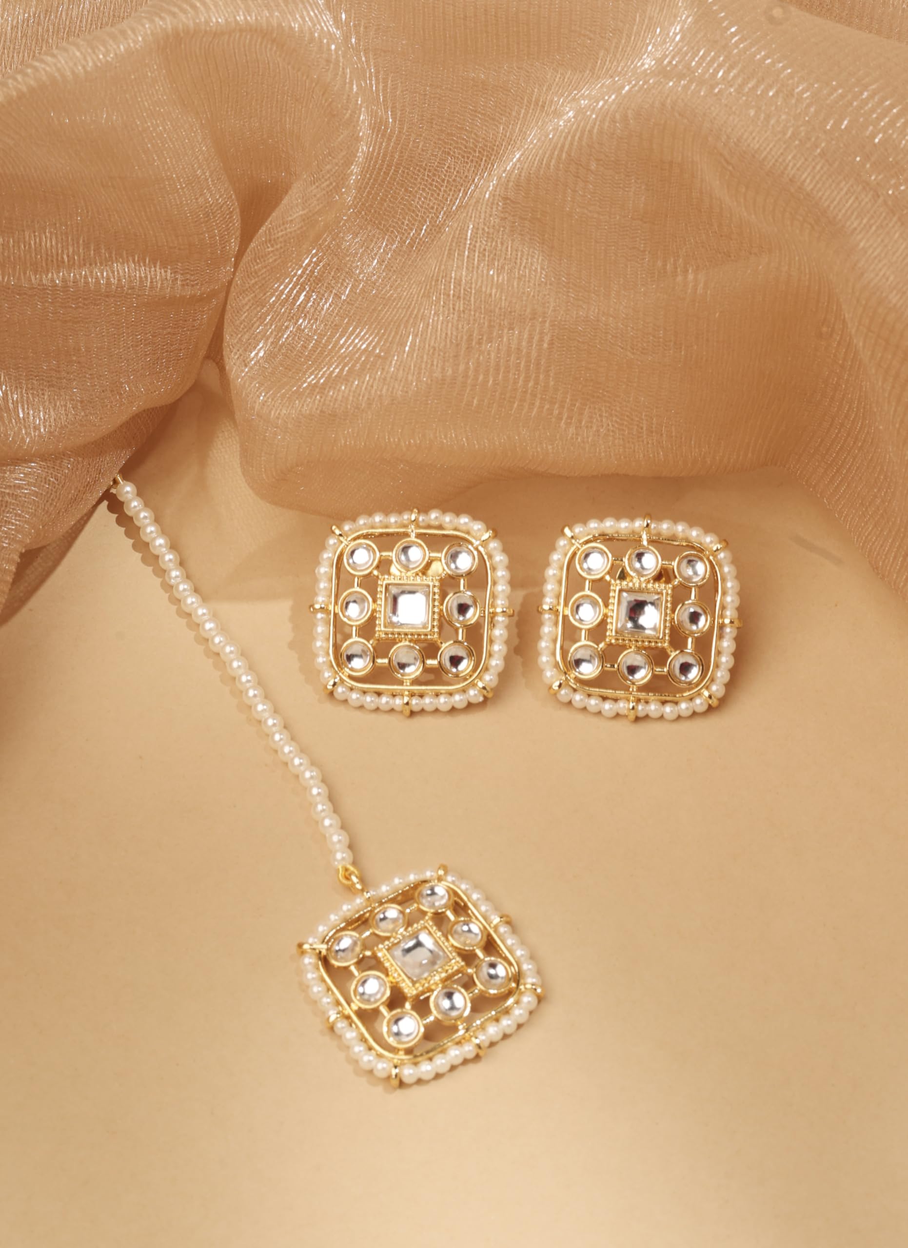 Saloni Fashion Jewellery Flowing Sqaure and Pearl White Kundan Stone Gold Plated Choker Necklace With Maang Tikka For Women and Girls