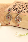 Round and Flower Shape Red Kundan Stone Antique Gold Plated Brass Dangle Earring With Maang Tikka