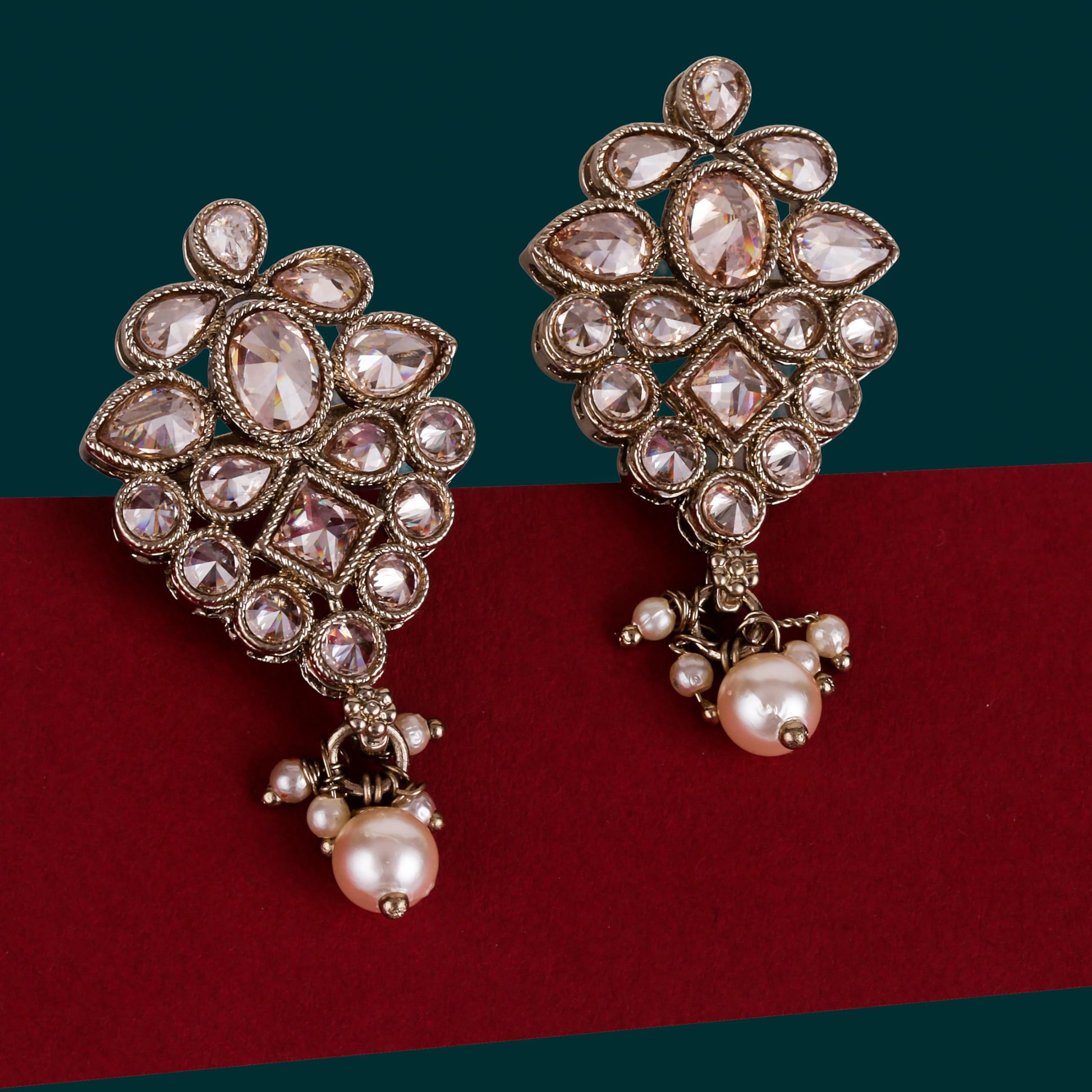 Saloni Fashion Jewellery Lavish Flower Design Brown Uncut Kundan Stone Mother of Pearl Antique Gold Plated Dangle Earring For Women and Girls