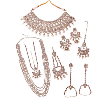 Saloni Fashion Jewellery Luxurious Oval and Flower Shape Mother of Pearl Brown Uncut Kundan Stone Antique Gold Plated Choker and Long Haram Jewllery Sets For Women and Girls