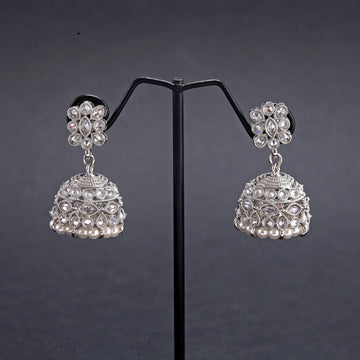 Saloni Fashion Jewellery Classy Pear and Flower Shape White Uncut Kundan Stone Silver Plated Jhumki Earring For Women and Girls