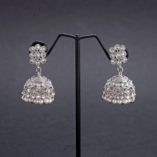 Saloni Fashion Jewellery Classy Pear and Flower Shape White Uncut Kundan Stone Silver Plated Jhumki Earring For Women and Girls