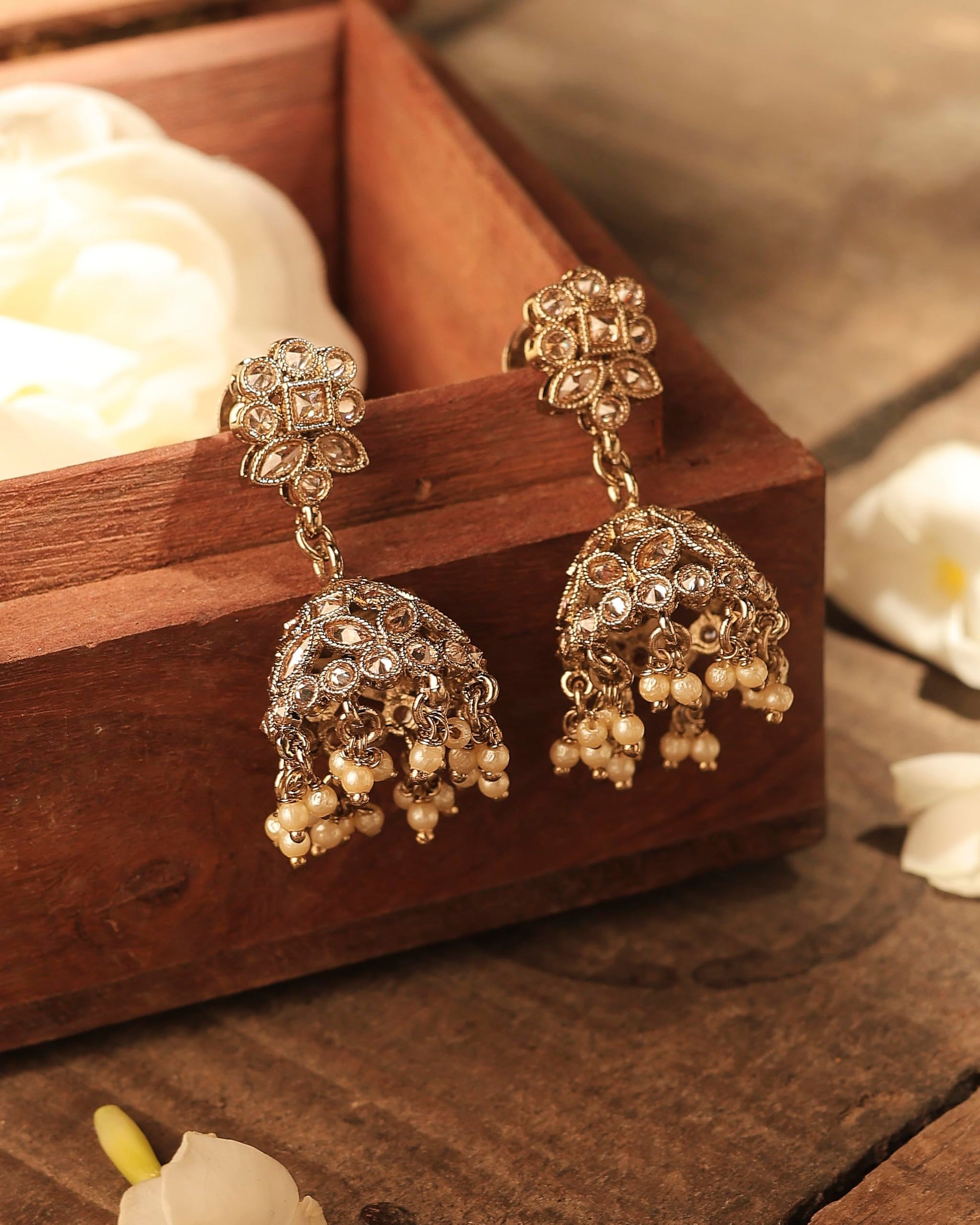 Saloni Fashion Jewellery Desirable Round and Pear Shape Silver Plated Pearl Brown Kundan Stone Jhumki Earring For Women and Girls
