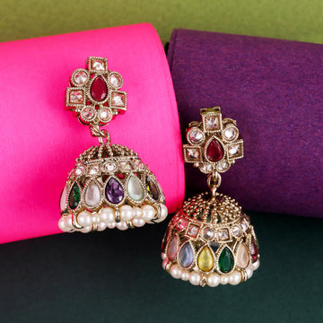 Saloni Fashion Jewellery Desirable Oval Shape Multi Uncut Kundan Stone Antique Gold Plated Jhumki Earring For Women and Girls