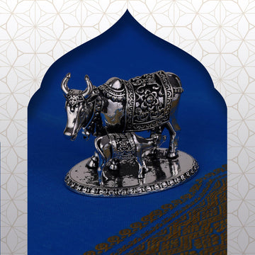Saloni Fashion Jewellery Cow (Gaay Mata) and Lord Krishna Oxidised Silver Plated Combo Set of 2 Idol/Murti Home And Office Decorative Gifting