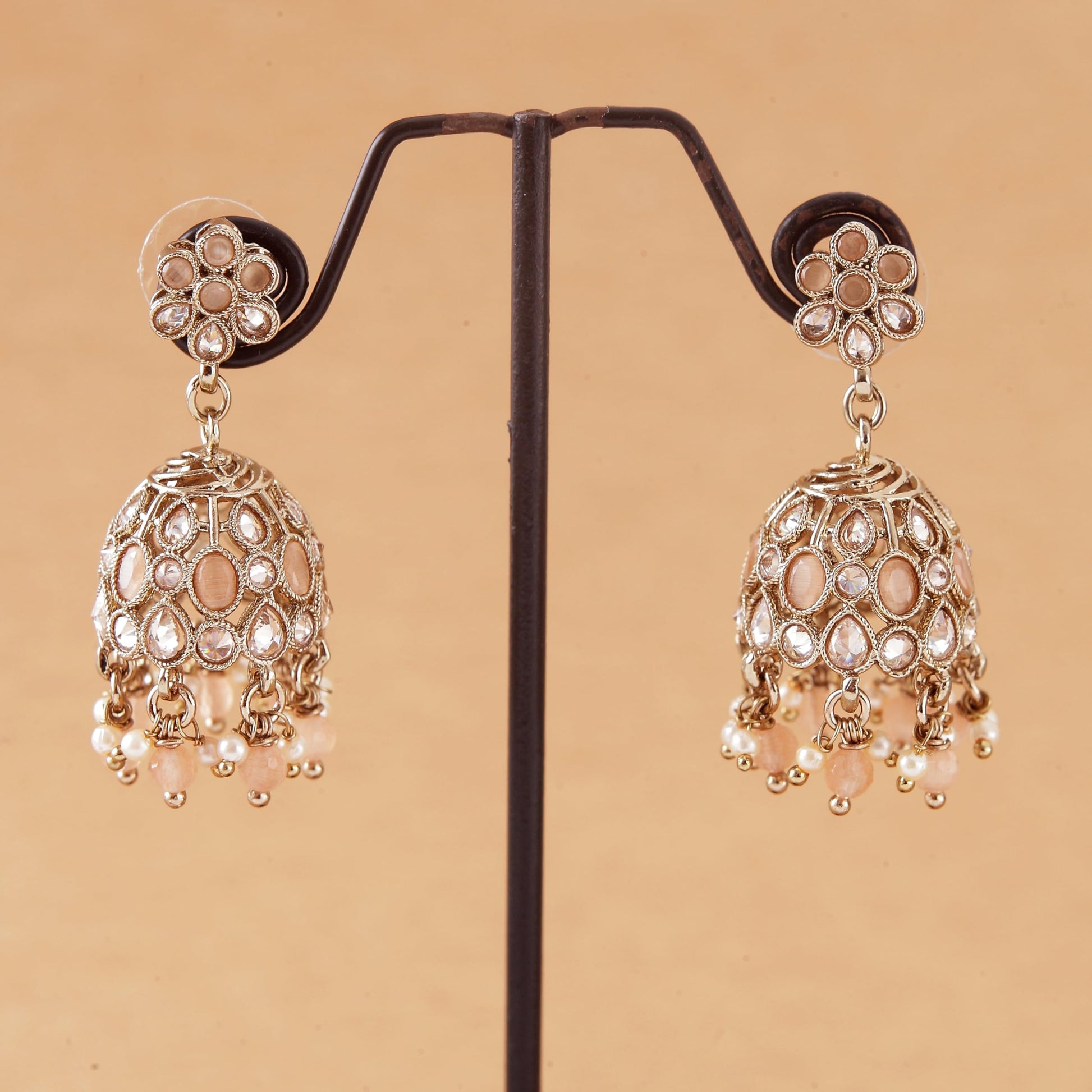 Saloni Fashion Jewellery Pretty Flower Shape Peach Uncut Kundan Stone Antique Gold Plated Jhumki Earring For Women and Girls