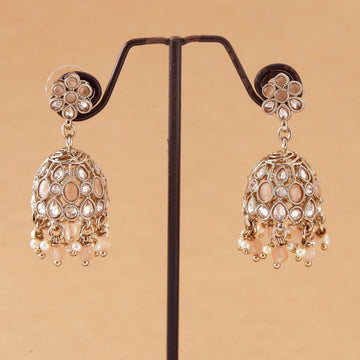 Saloni Fashion Jewellery Pretty Flower Shape Peach Uncut Kundan Stone Antique Gold Plated Jhumki Earring For Women and Girls