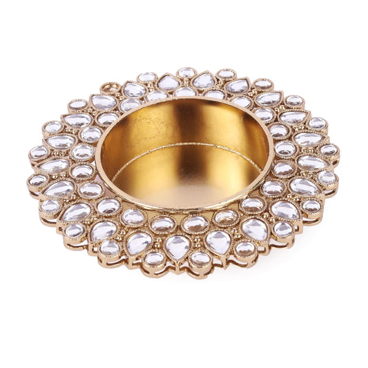 Saloni Fashion Jewellery Traditional Dazzling Oval and Round Shape Brass Gold Plated White Stone Festival Decorative Deep / Diya