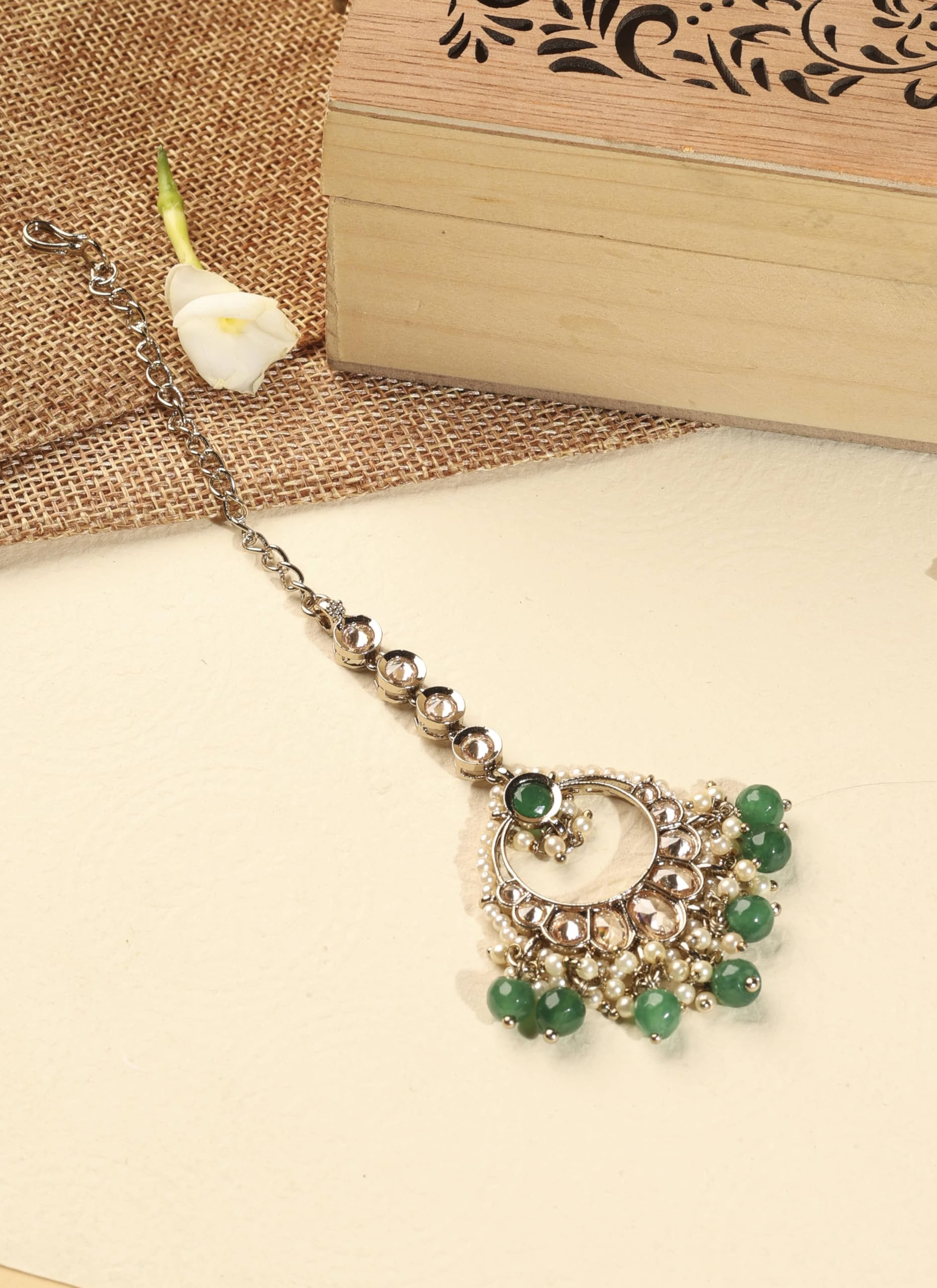 Saloni Fashion Jewellery Inspired Circle and Leaf Shape Green Pearl Brown Kundan Stone Antique Gold Plated Brass Chandelier Earring With Maang Tikka For Women and Girls