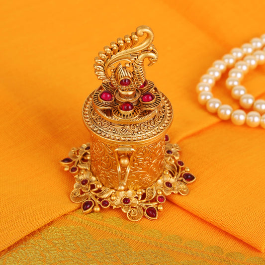 Saloni Fashion Jewellery Traditional Leaf and Peacock and Paisley Gold Plated Brass Set of 2 Combo Sindoor Dani/Dibbi For Women