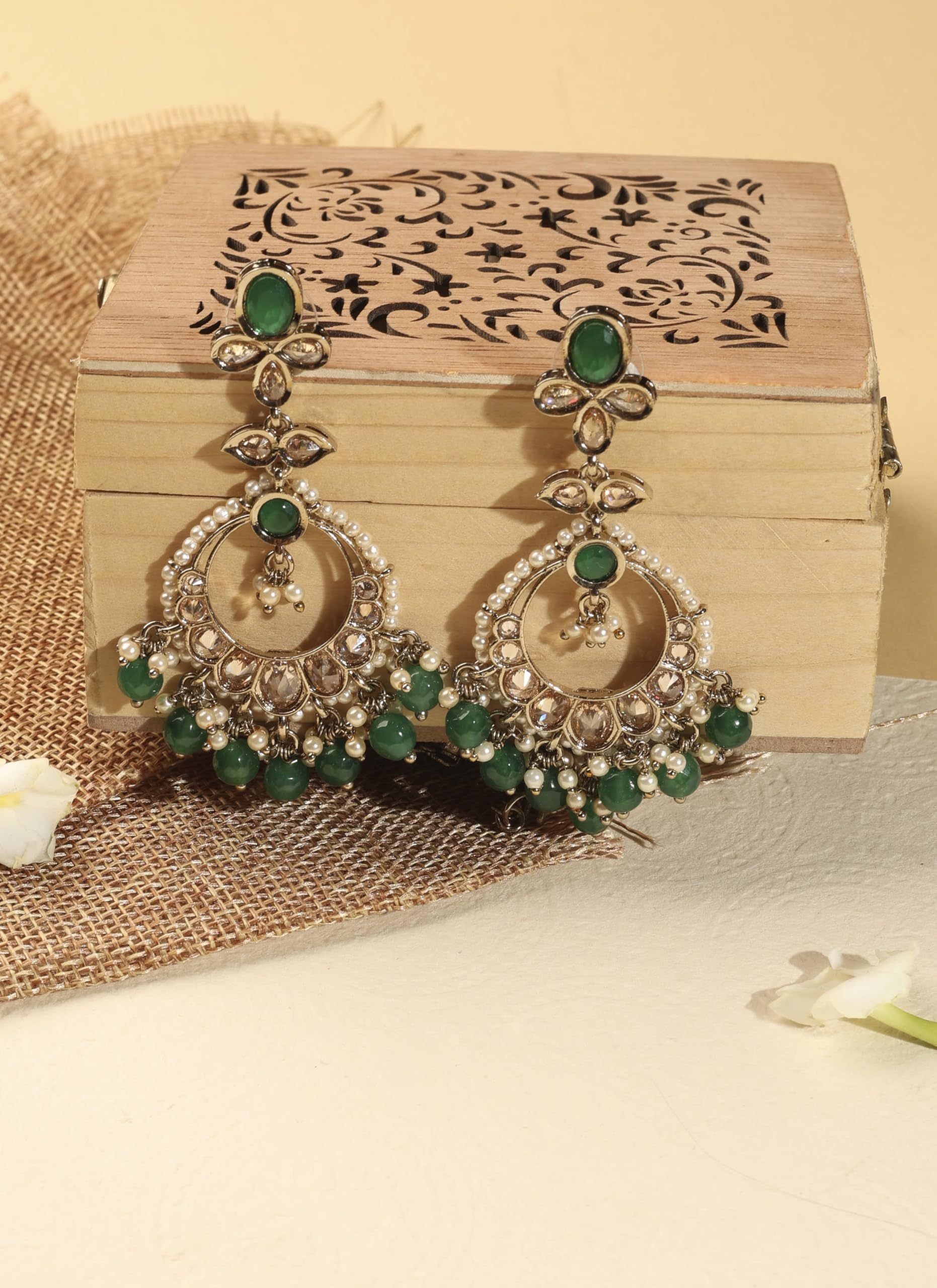 Saloni Fashion Jewellery Inspired Circle and Leaf Shape Green Pearl Brown Kundan Stone Antique Gold Plated Brass Chandelier Earring With Maang Tikka For Women and Girls