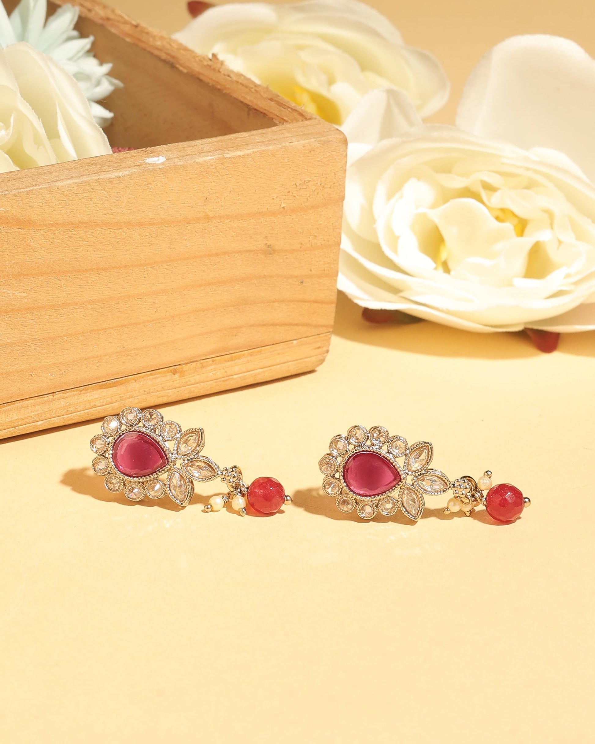 Saloni Fashion Jewellery Excellent Oval and Leaf Design Gold Plated Ruby Kundan Stone Dangle Earring For Women and Girls