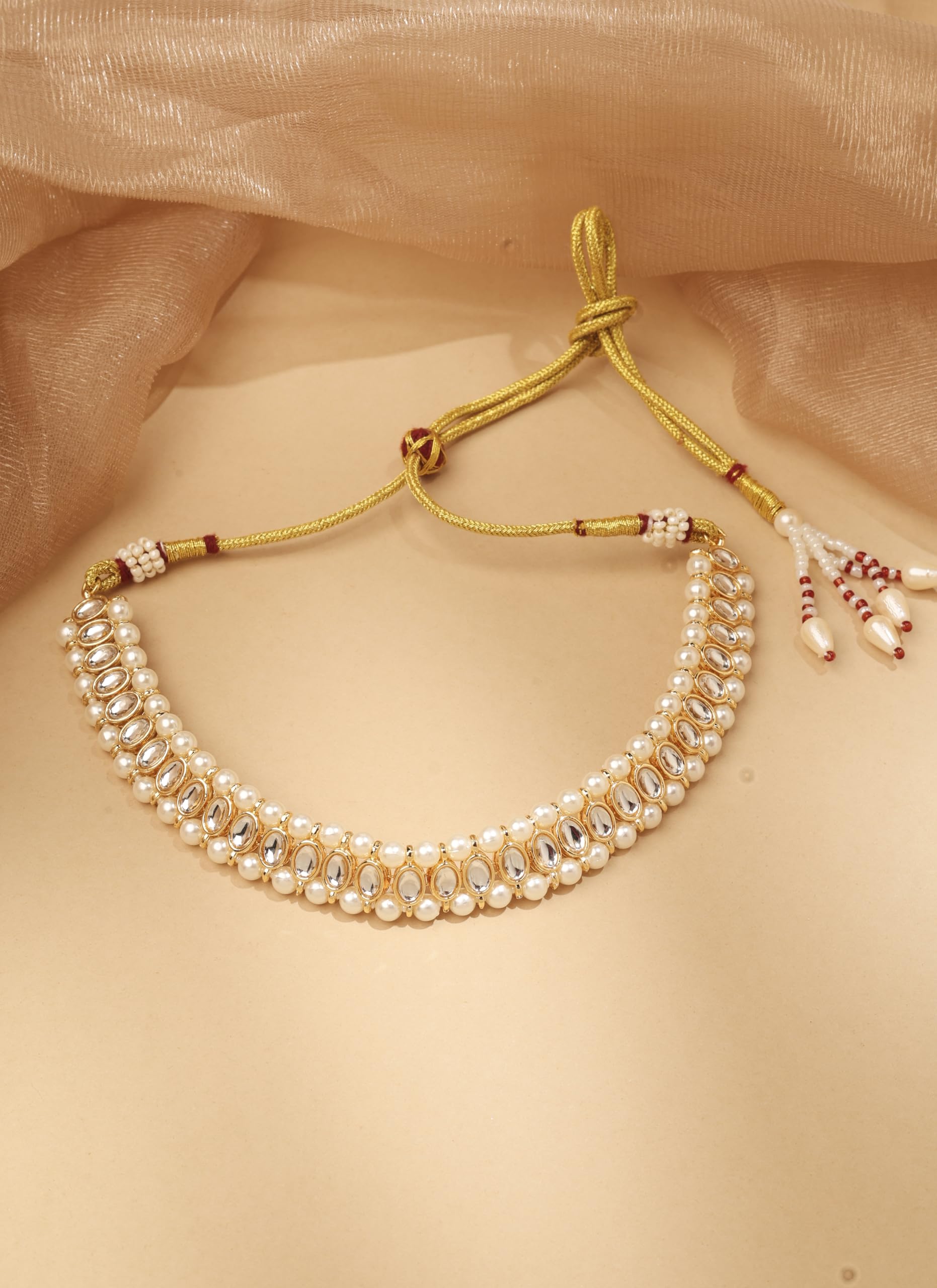 Saloni Fashion Jewellery Modern Circle and Round Pearl White Kundan Stone Gold Plated Choker Necklace With Maang Tikka For Women and Girls