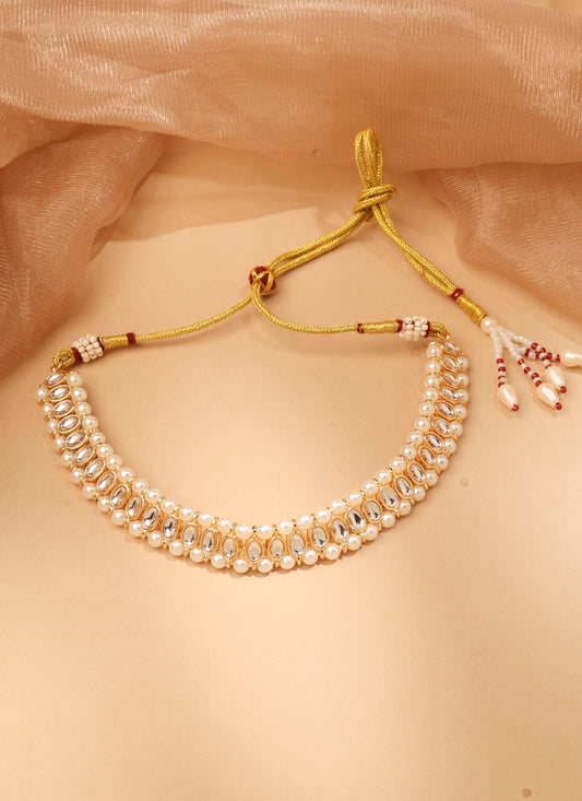 Saloni Fashion Jewellery Modern Circle and Round Pearl White Kundan Stone Gold Plated Choker Necklace With Maang Tikka For Women and Girls