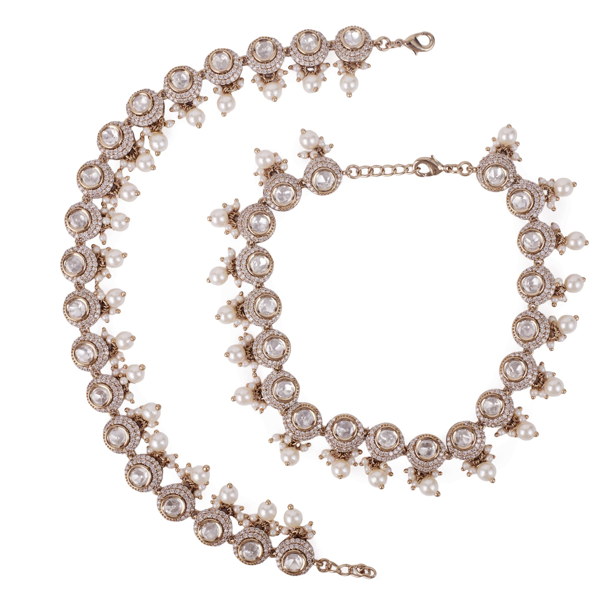 Saloni Fashion Jewellery Classy Half-Moon Shape Uncut Kundan Stone Gold Plated Set Of 2 Brass Anklet (Payal) For Women and Girls