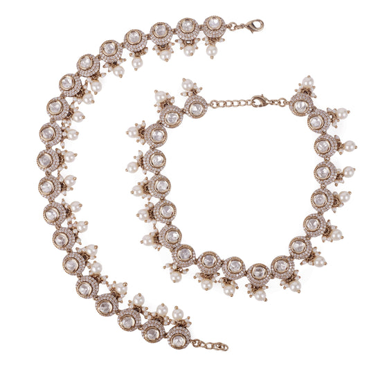 Saloni Fashion Jewellery Classy Half-Moon Shape Uncut Kundan Stone Gold Plated Set Of 2 Brass Anklet (Payal) For Women and Girls