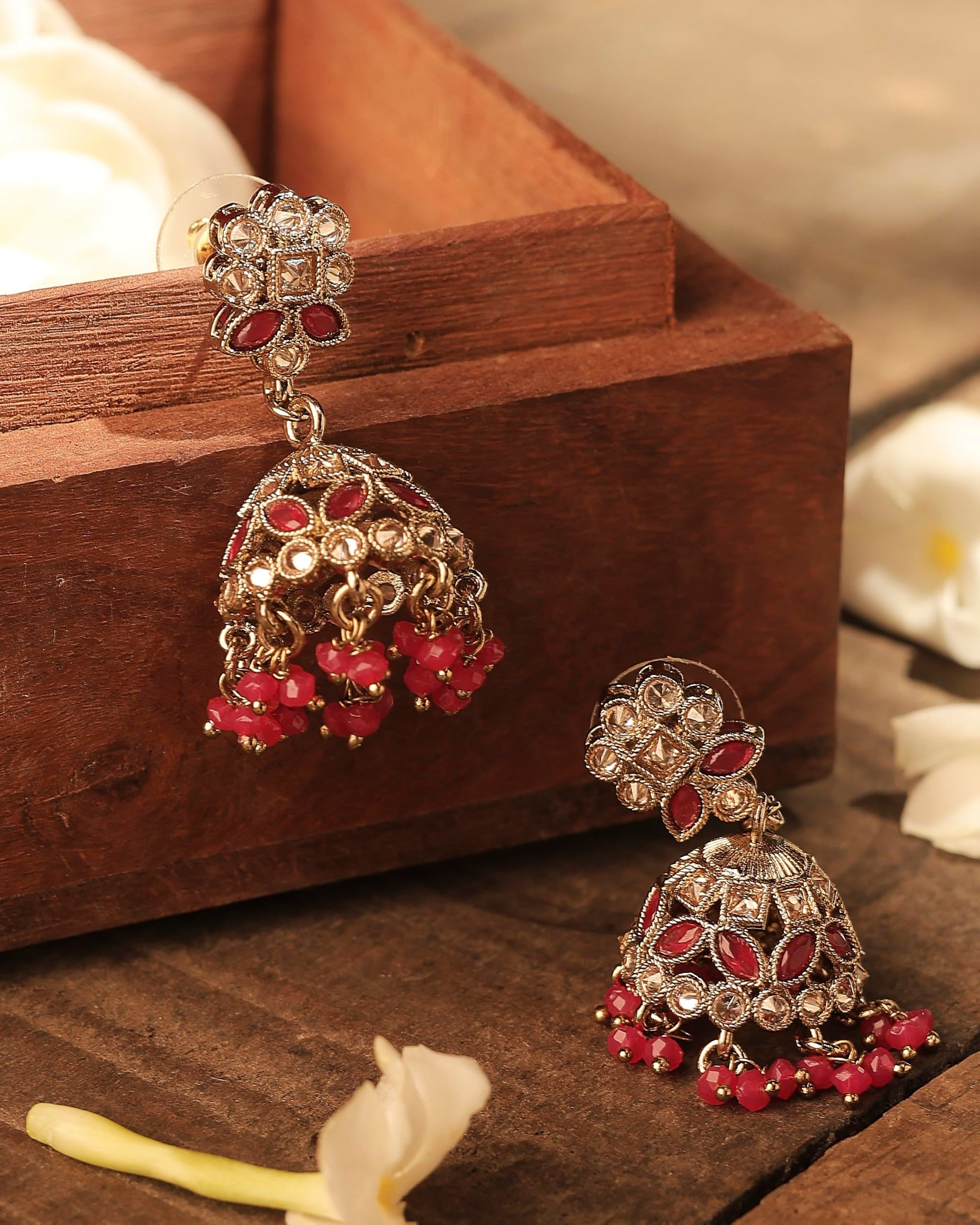Saloni Fashion Jewellery Enjoyable Round and Pear Shape Silver Plated Pearl Ruby Kundan Stone Jhumki Earring For Women and Girls