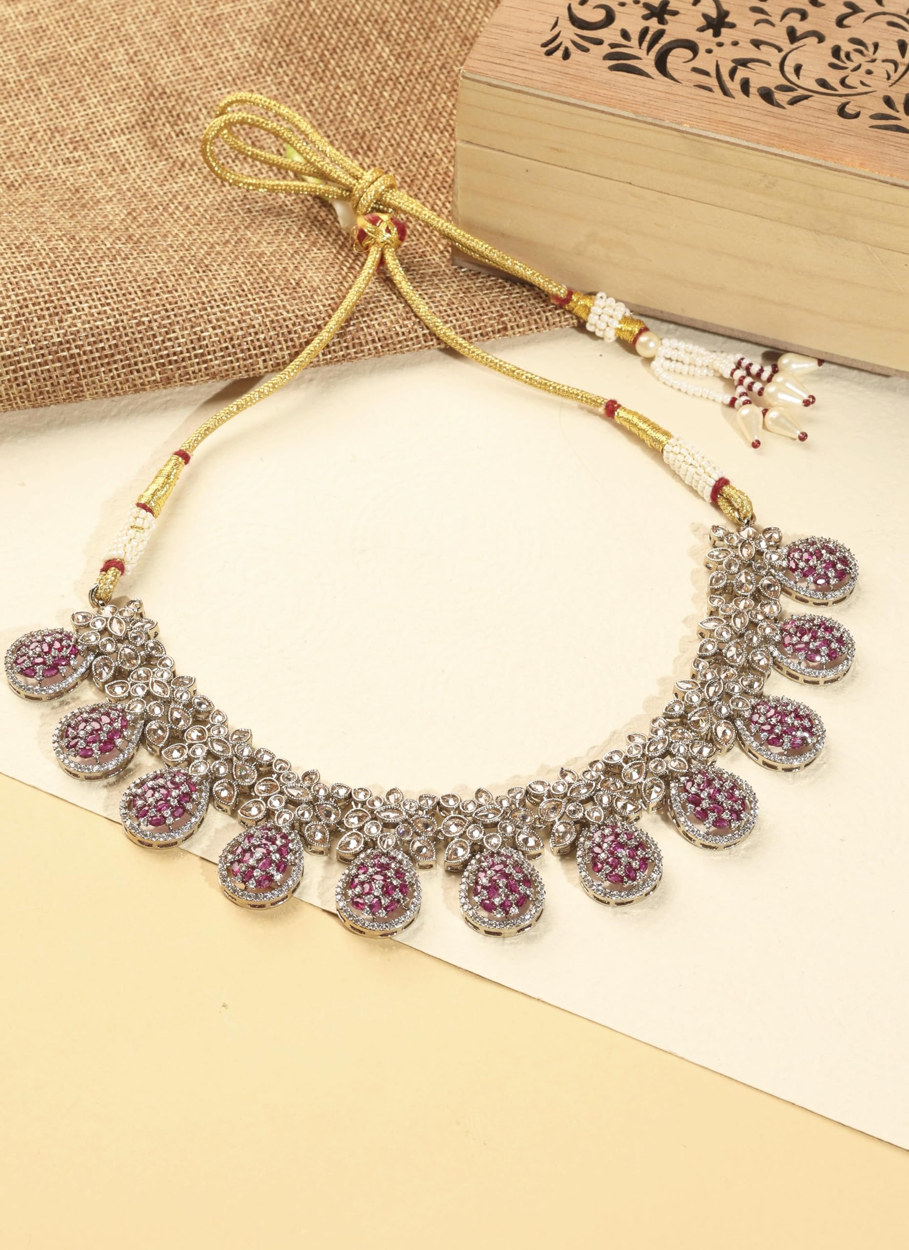 Saloni Fashion Jewellery Graceful Flower and Oval Shape Red Kundan Stone Antique Gold Plated Brass Choker Necklace Set with Maang Tikka For Women and Girls