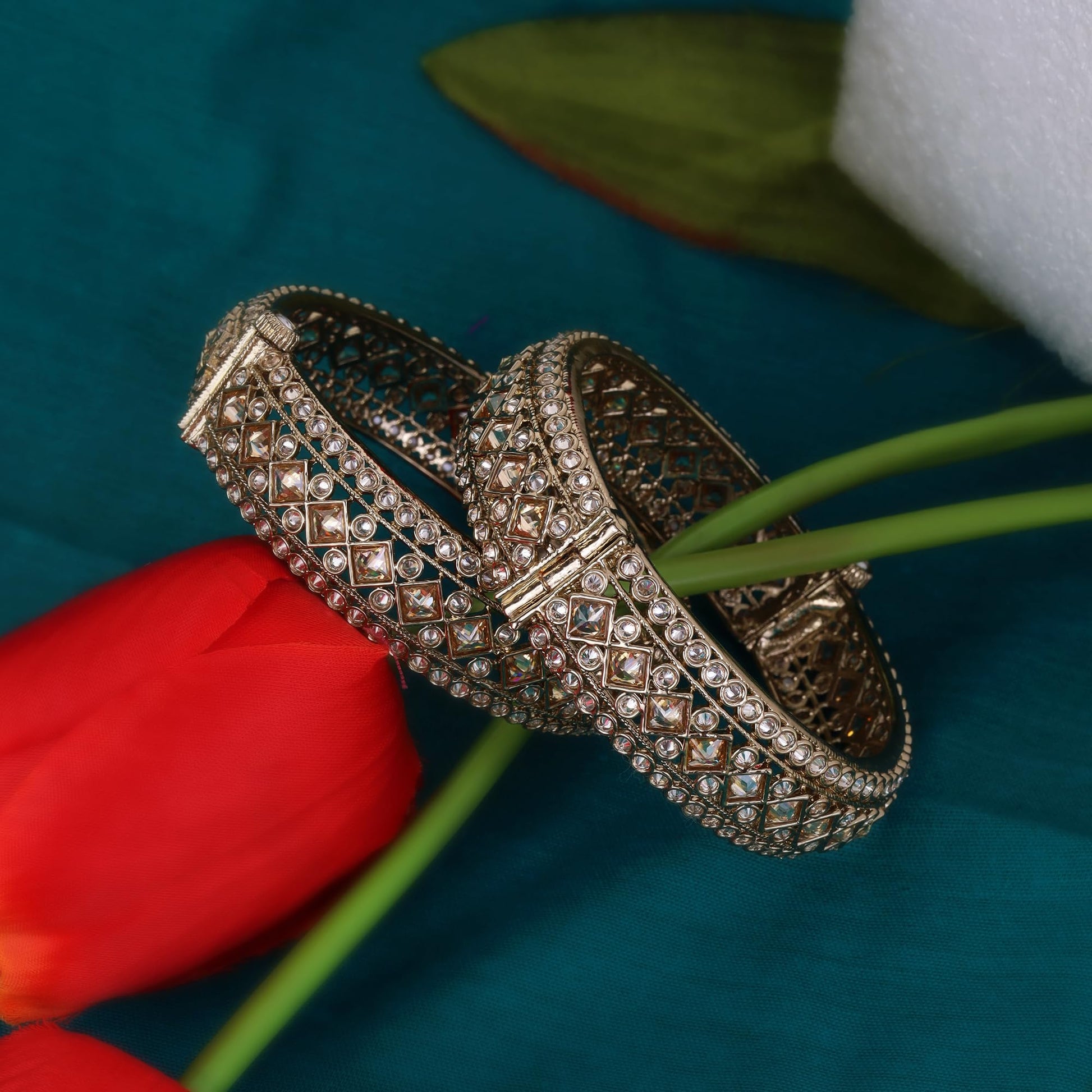 Saloni Fashion Jewellery Incredible Rectangle Crystal Antique Gold Plated Set Of 2 Openable Bangles For Women