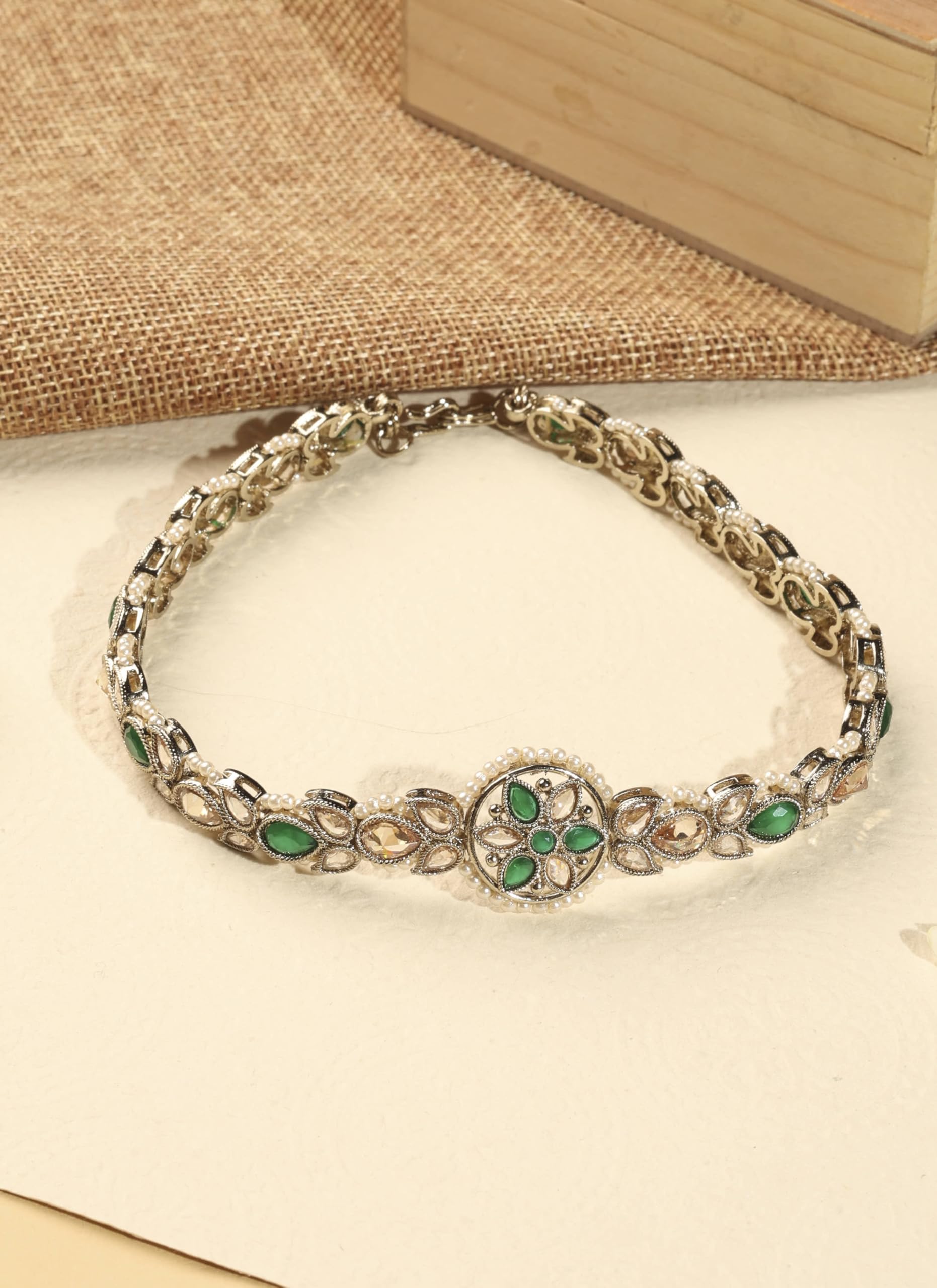 Saloni Fashion Jewellery Beautiful Flower Design and Pearl Green Kundan Stone Antique Gold Plated Mathapatti(Sheeshphool) For Women and Girls
