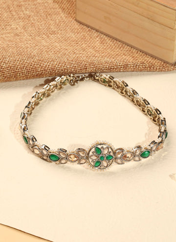 Saloni Fashion Jewellery Beautiful Flower Design and Pearl Green Kundan Stone Antique Gold Plated Mathapatti(Sheeshphool) For Women and Girls