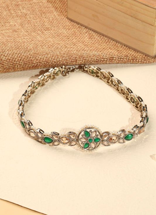 Saloni Fashion Jewellery Beautiful Flower Design and Pearl Green Kundan Stone Antique Gold Plated Mathapatti(Sheeshphool) For Women and Girls