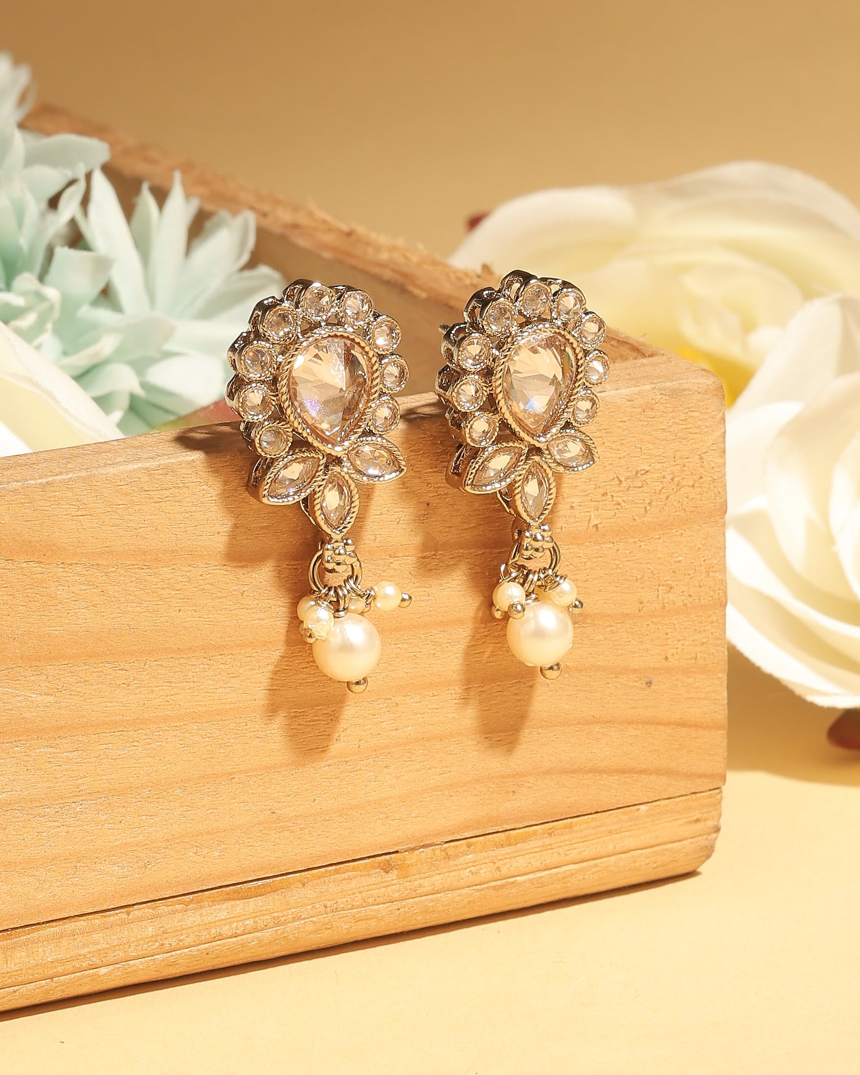 Saloni Fashion Jewellery Exotic Oval and Leaf Design Gold Plated Brown Kundan Stone Dangle Earring For Women and Girls