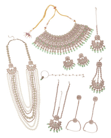 Saloni Fashion Jewellery Good-looking Round and Flower Shape Mother of Pearl White and Green Uncut Kundan Stone Antique Gold Plated Choker and Long Haram Jewllery Sets For Women and Girls