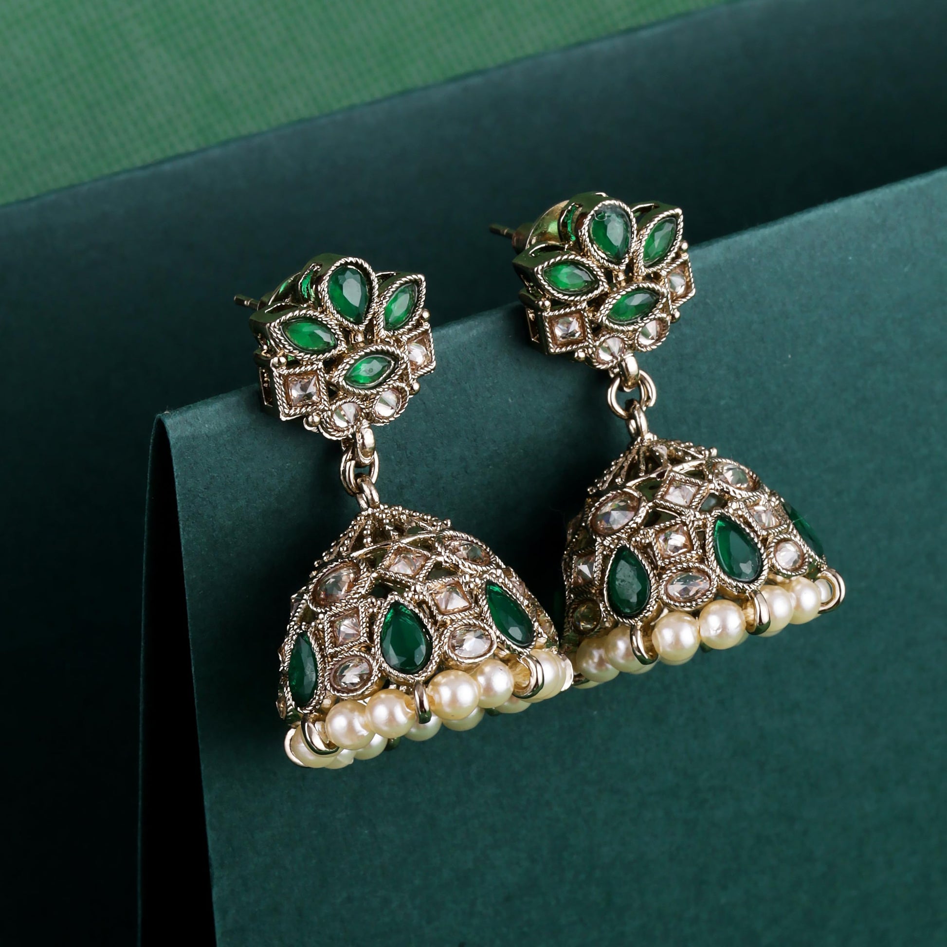 Saloni Fashion Jewellery Appealing Flower Design Green Uncut Kundan Stone Antique Gold Plated Jhumki Earring For Women and Girls
