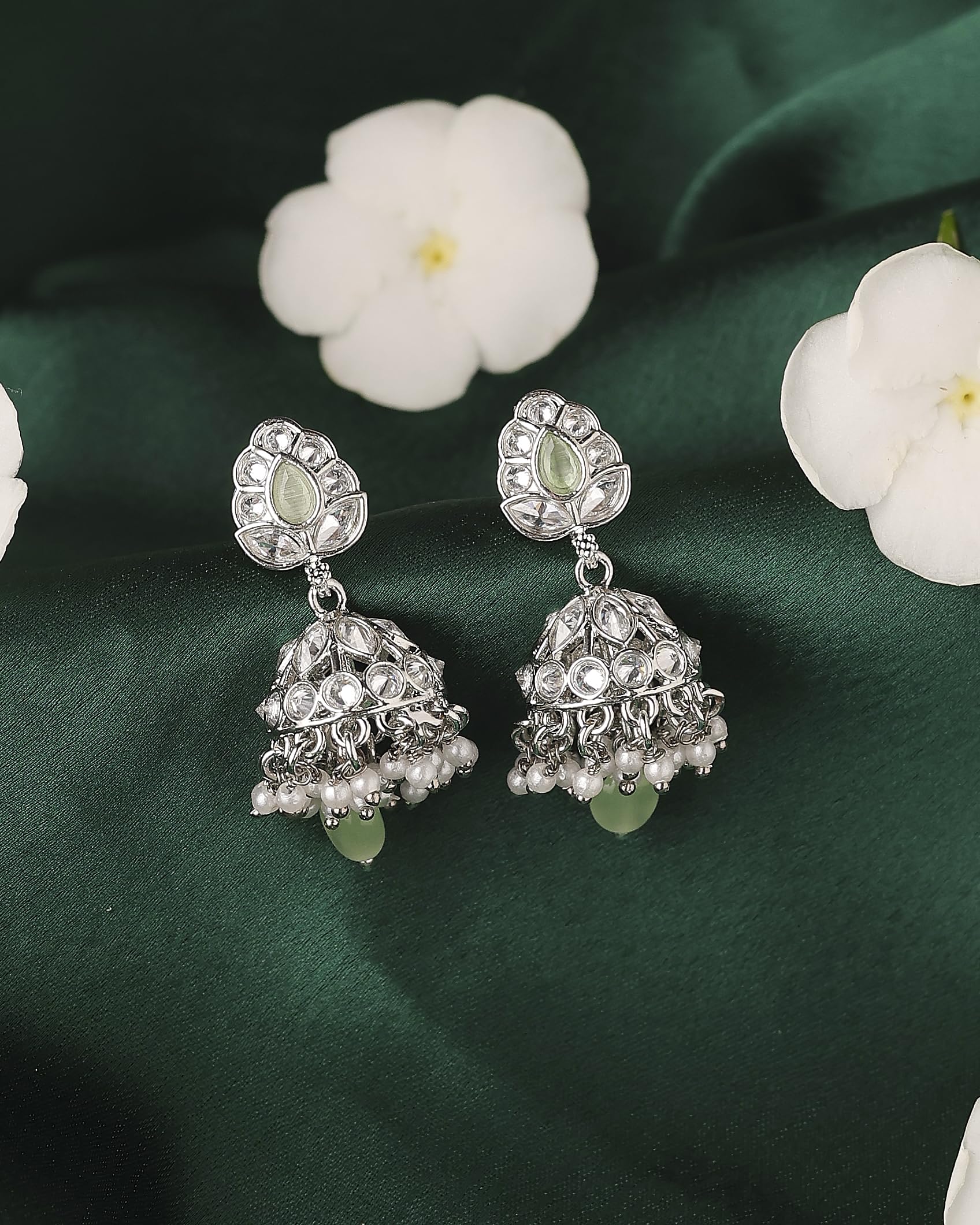 Saloni Fashion Jewellery Lovely Leaf and Pear Shape Silver Plated Light Green Kundan Stone Brass Jhumki Earring For Women and Girls