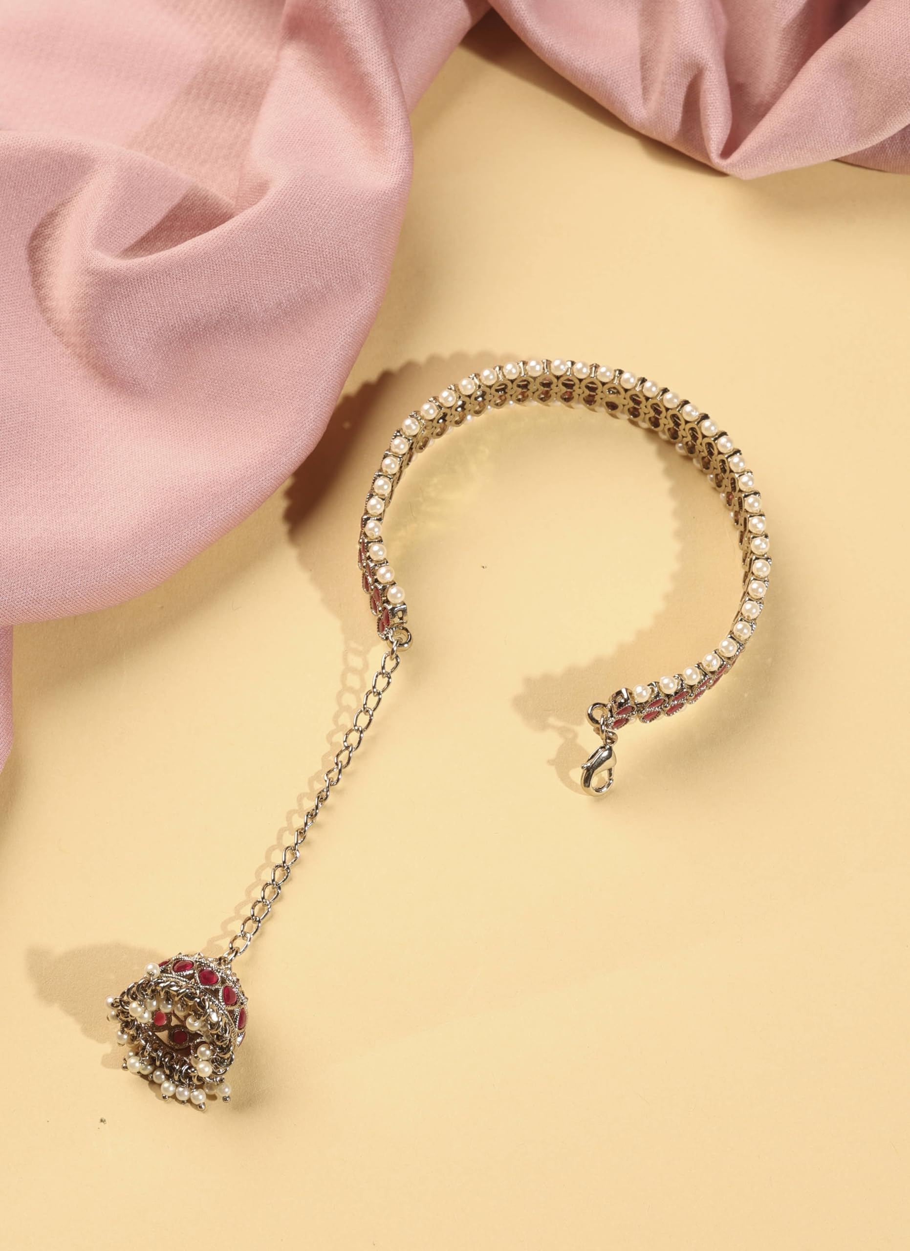 Saloni Fashion Jewellery Delightful Circle Shape and Pearl with Chain Jhumki Ruby Kundan Stone Antique Gold Plated Openable Bracelet For Women and Girls