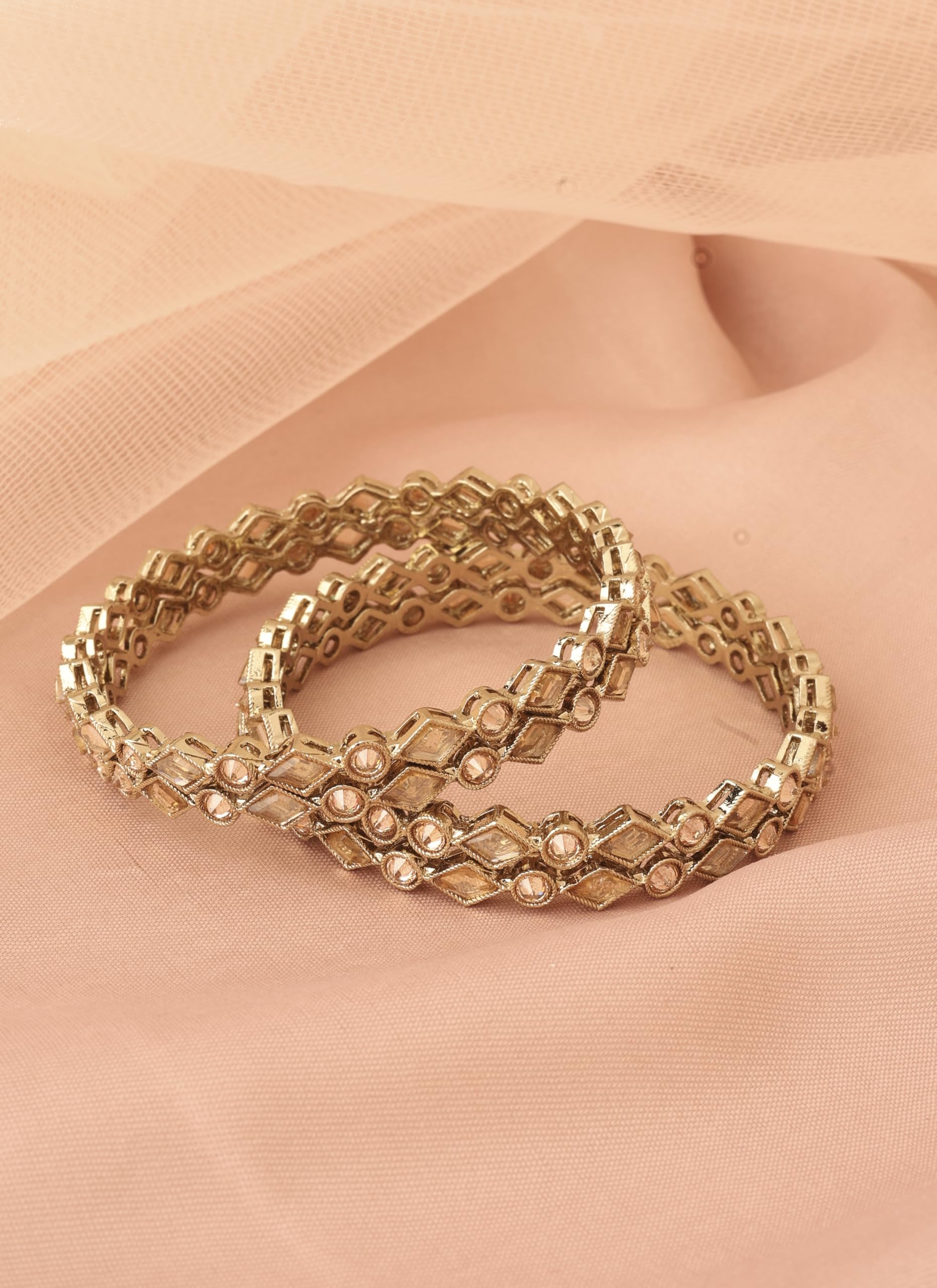Saloni Fashion Jewellery Pretty Rectangle and Round Shape Brown Kundan Stone Antique Gold Plated Set Of 4 Bangle Set For Women and Girls