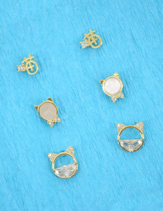 Saloni Fashion Jewellery Trendy Round Shape CZ Brass Gold Plated Set of 3 Combo Stud Earring For Women and Girls