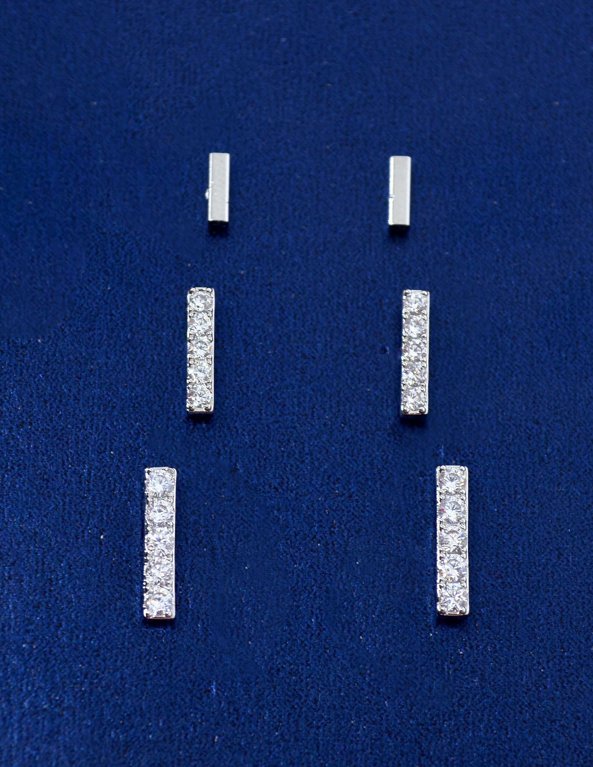Saloni Fashion Jewellery Modern Straight Bar CZ Brass Silver Plated Set of 3 Combo Stud Earring For Women and Girls