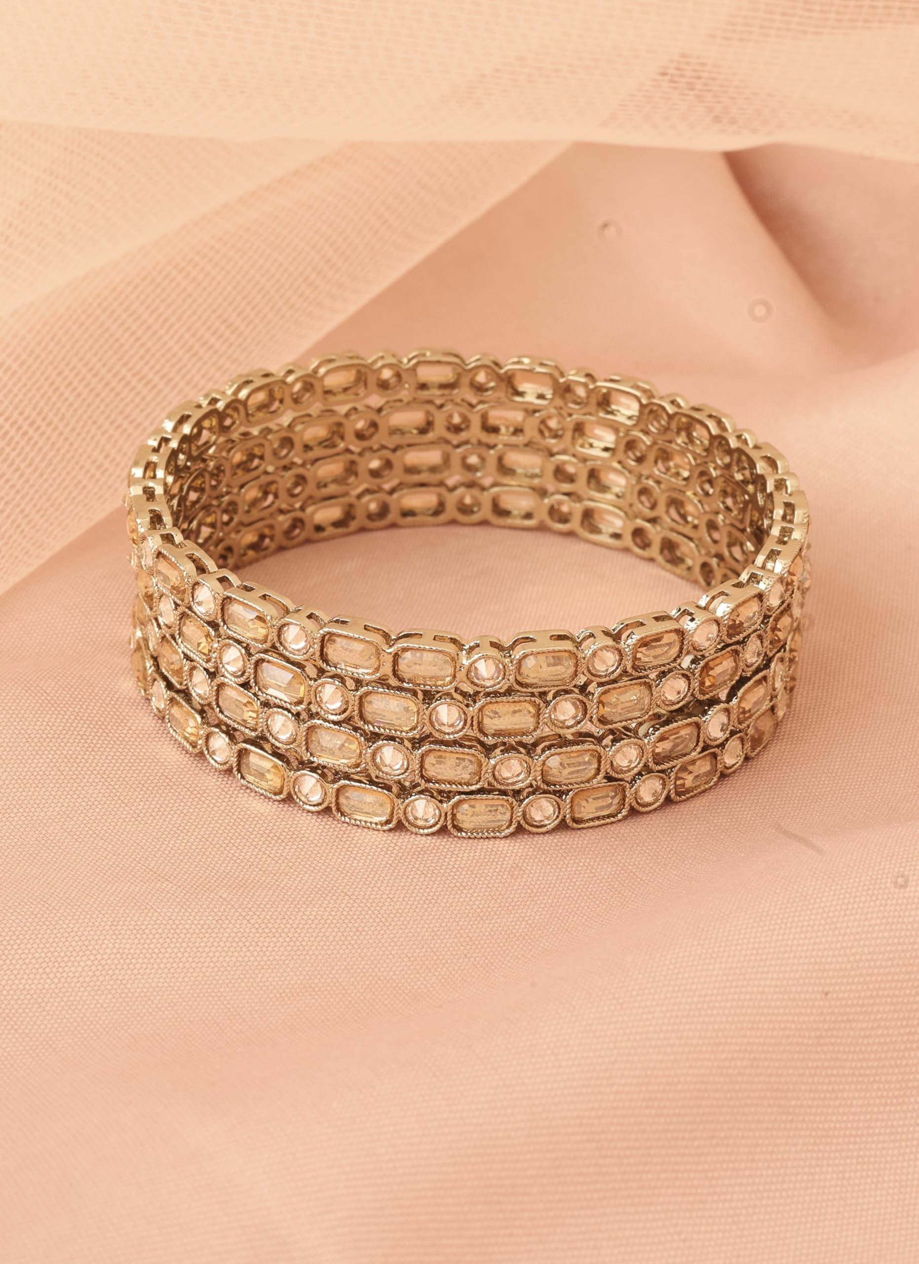 Saloni Fashion Jewellery Modish Sqaure and Round Brown Kundan Stone Antique Gold Plated Set Of 4 Bangle Set For Women and Girls