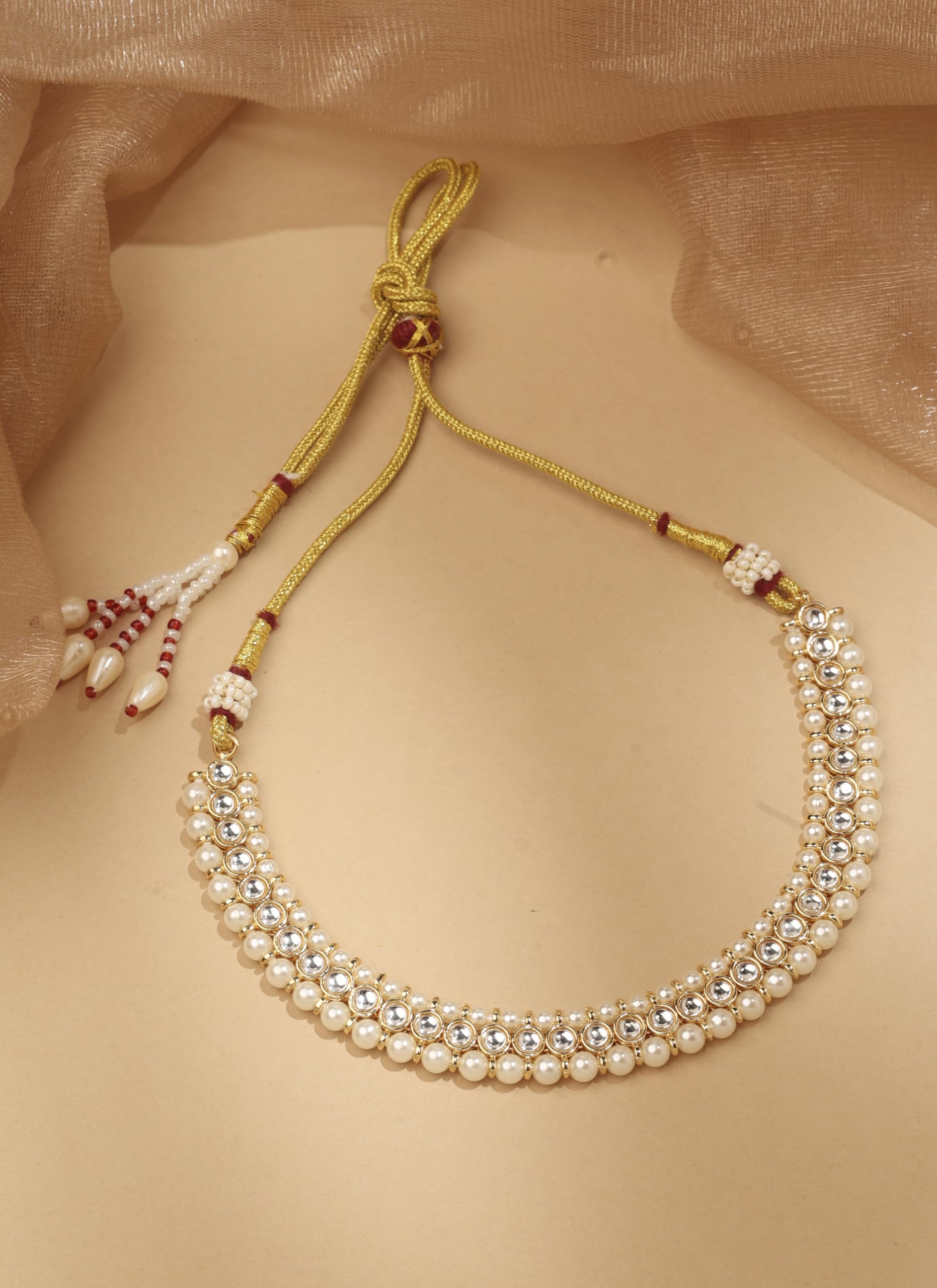 Saloni Fashion Jewellery Creative Flower and Round Shape White Kundan Pearl Gold Plated Choker Necklace With Maang Tikka For Women and Girls