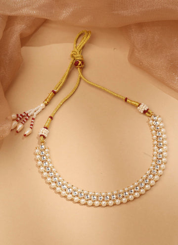 Saloni Fashion Jewellery Creative Flower and Round Shape White Kundan Pearl Gold Plated Choker Necklace With Maang Tikka For Women and Girls
