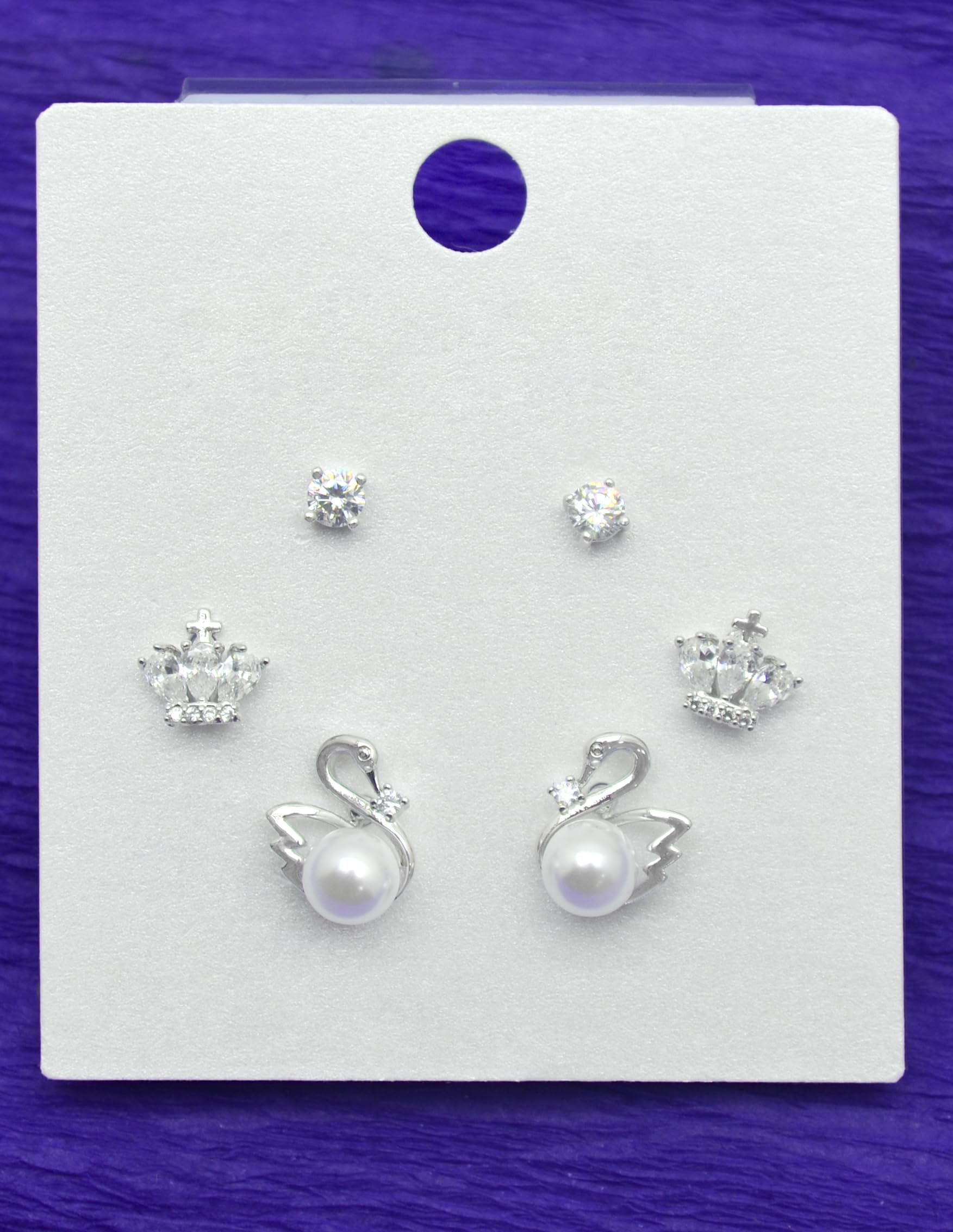 Saloni Fashion Jewellery Pleasing Duck Bird Design Pearl CZ Kundan Brass Silver Plated Set of 3 Combo Stud Earring For Women and Girls