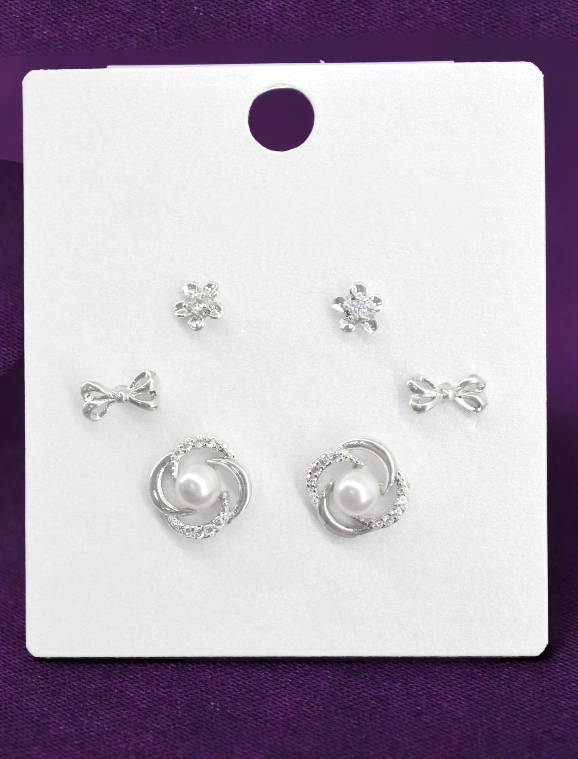 Saloni Fashion Jewellery Smooth Flower and Bow Design CZ Brass Silver Plated Set of 3 Combo Stud Earring For Women and Girls