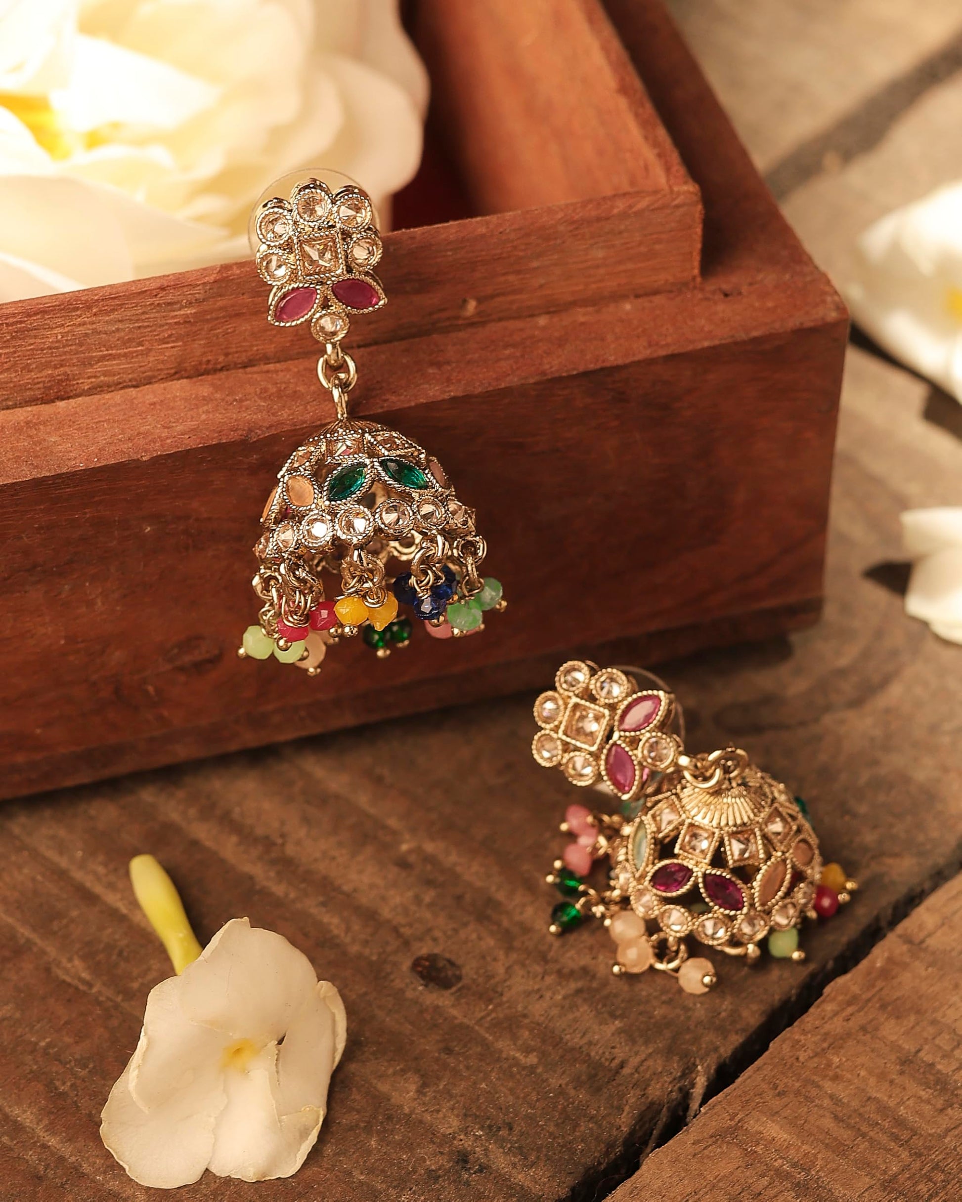 Saloni Fashion Jewellery Enchanting Round and Pear Shape Silver Plated Pearl Multi Kundan Stone Jhumki Earring For Women and Girls